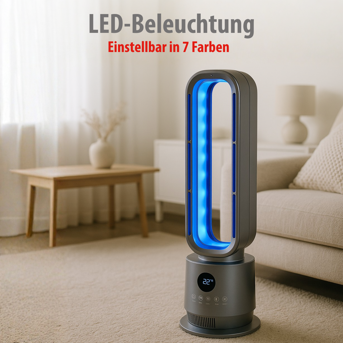 Un purificateur d'air gris avec des lumières LED bleues est sur un tapis. Une table, un canapé et une lampe sont à l'arrière-plan. Texte allemand en haut.