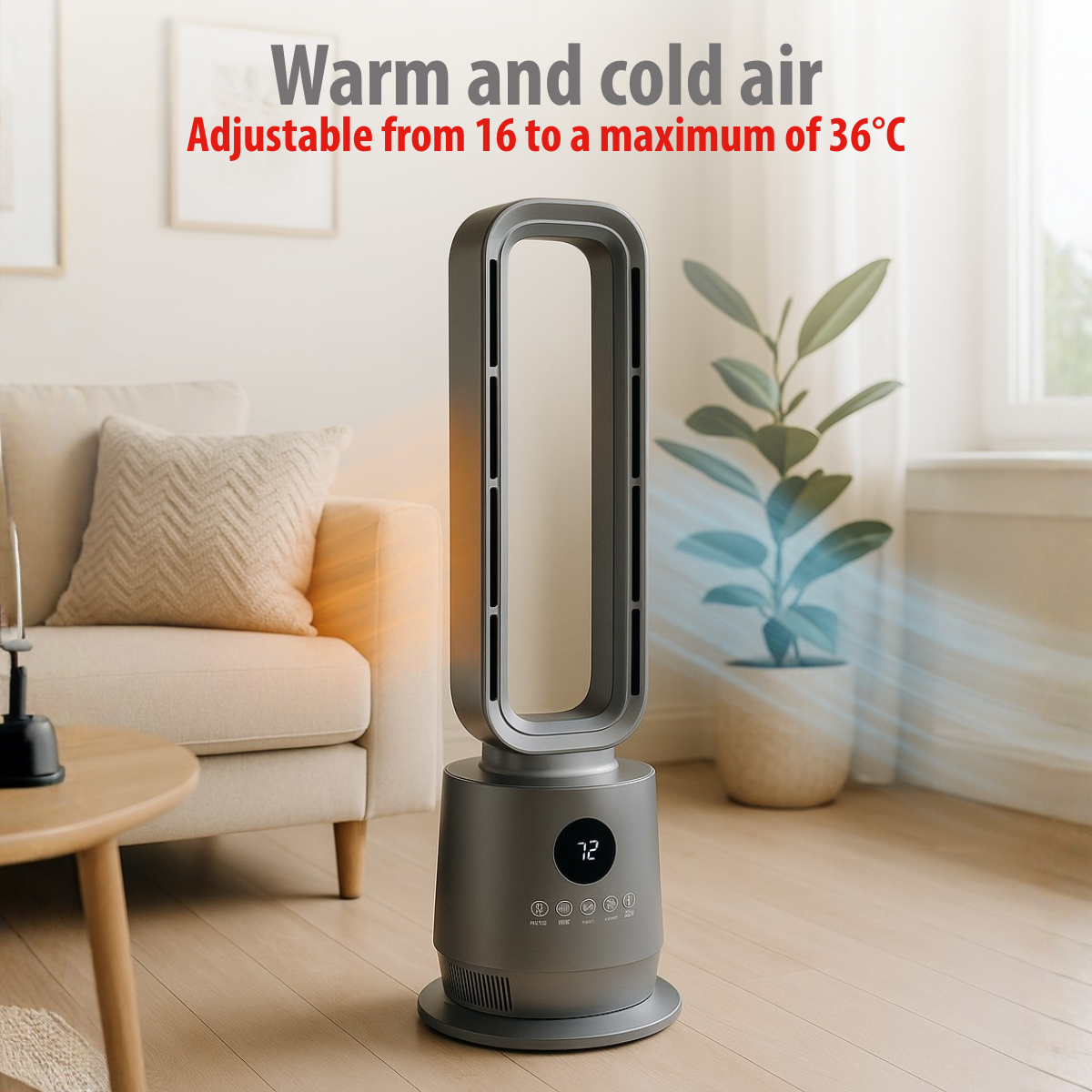 Un ventilateur d'air gris est allumé dans un salon. Le texte en haut dit "Air chaud et froid" et "Réglable de 16 à un maximum de 36°C".