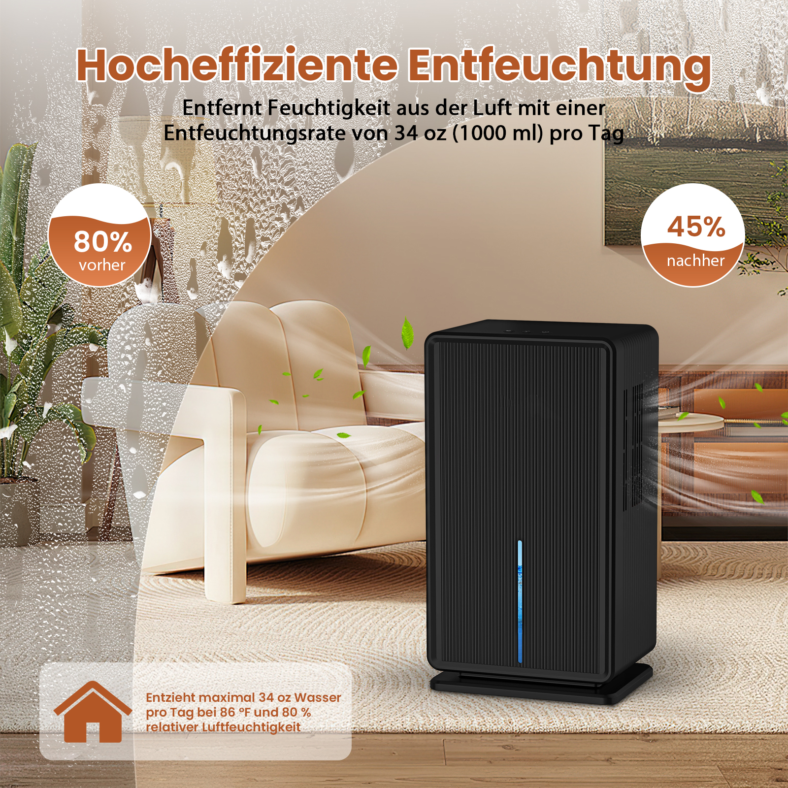 Schwarzer Luftentfeuchter neben einem beigen Stuhl, mit Feuchtigkeitsprozenten. Der Text beschreibt Funktion und Kapazität.