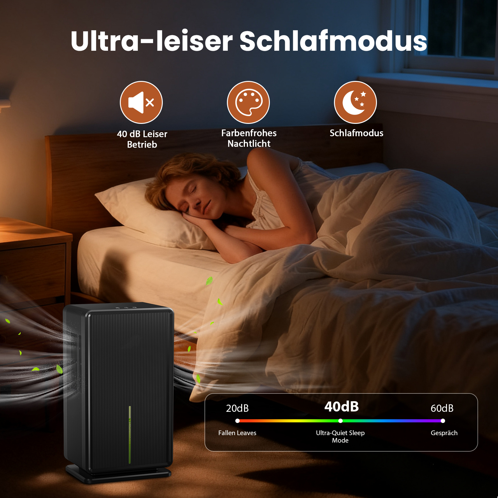 Eine Frau schläft im Bett. Ein schwarzer Luftreiniger ist im Vordergrund. Text: Ultra-leiser Schlafmodus. Geräuschpegel werden angezeigt.