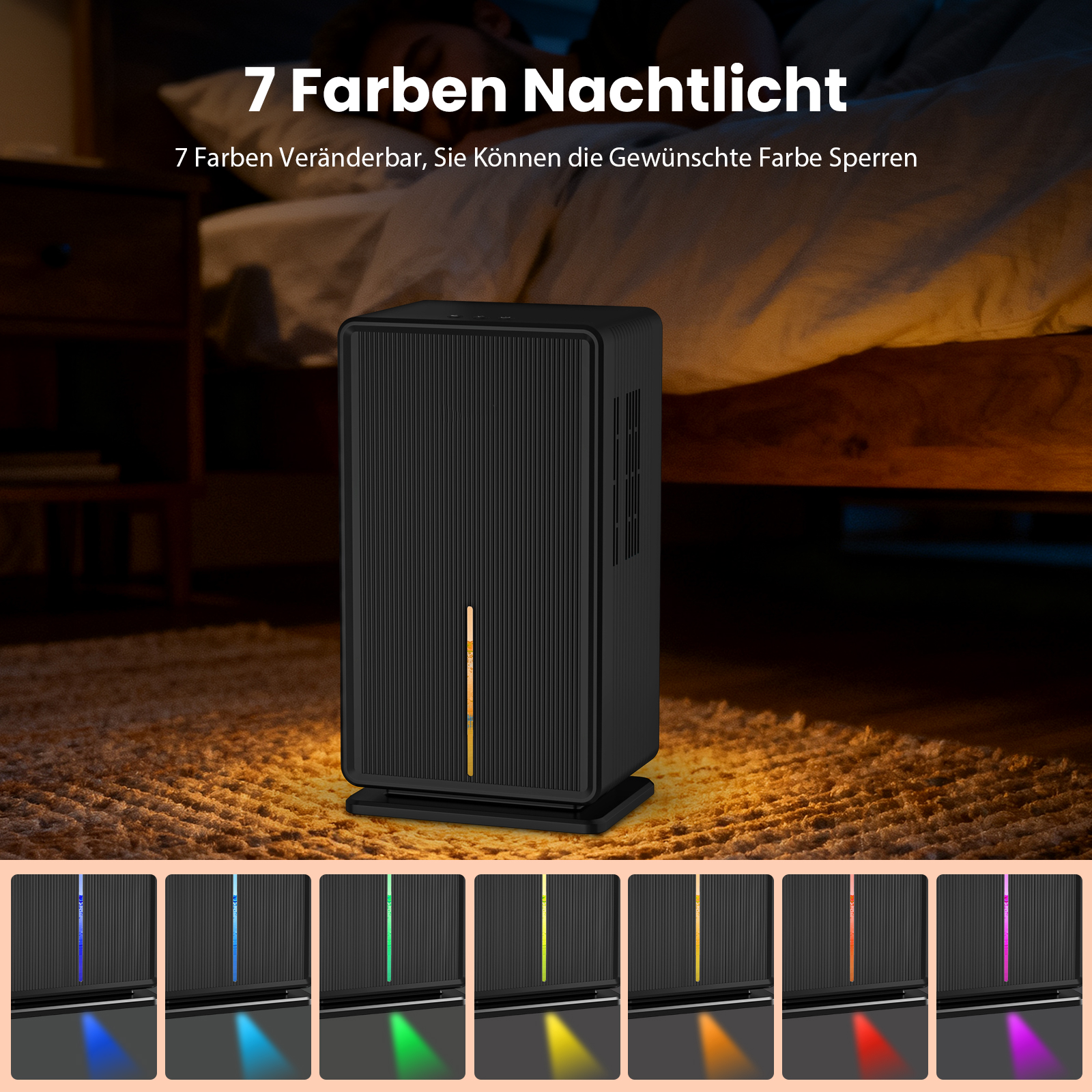 Ein schwarzes Nachtlicht mit sieben Farboptionen. Das Licht befindet sich in der Nähe eines Bettes, in dem eine Person schläft. Farben werden angezeigt.