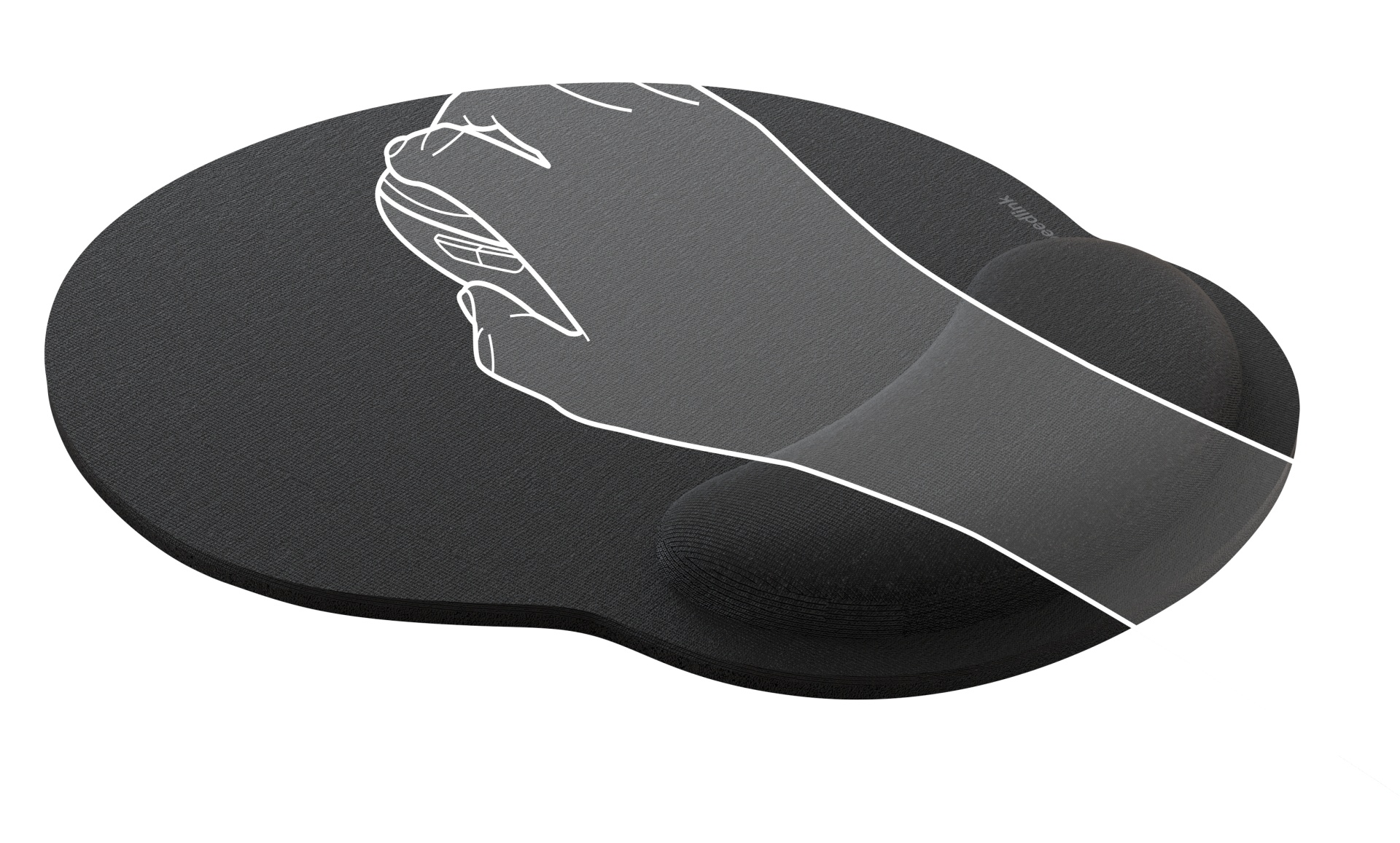 Zwarte ergonomische muismat met handomtrek. Inclusief polssteun. De merknaam 'speedlink' is zichtbaar.