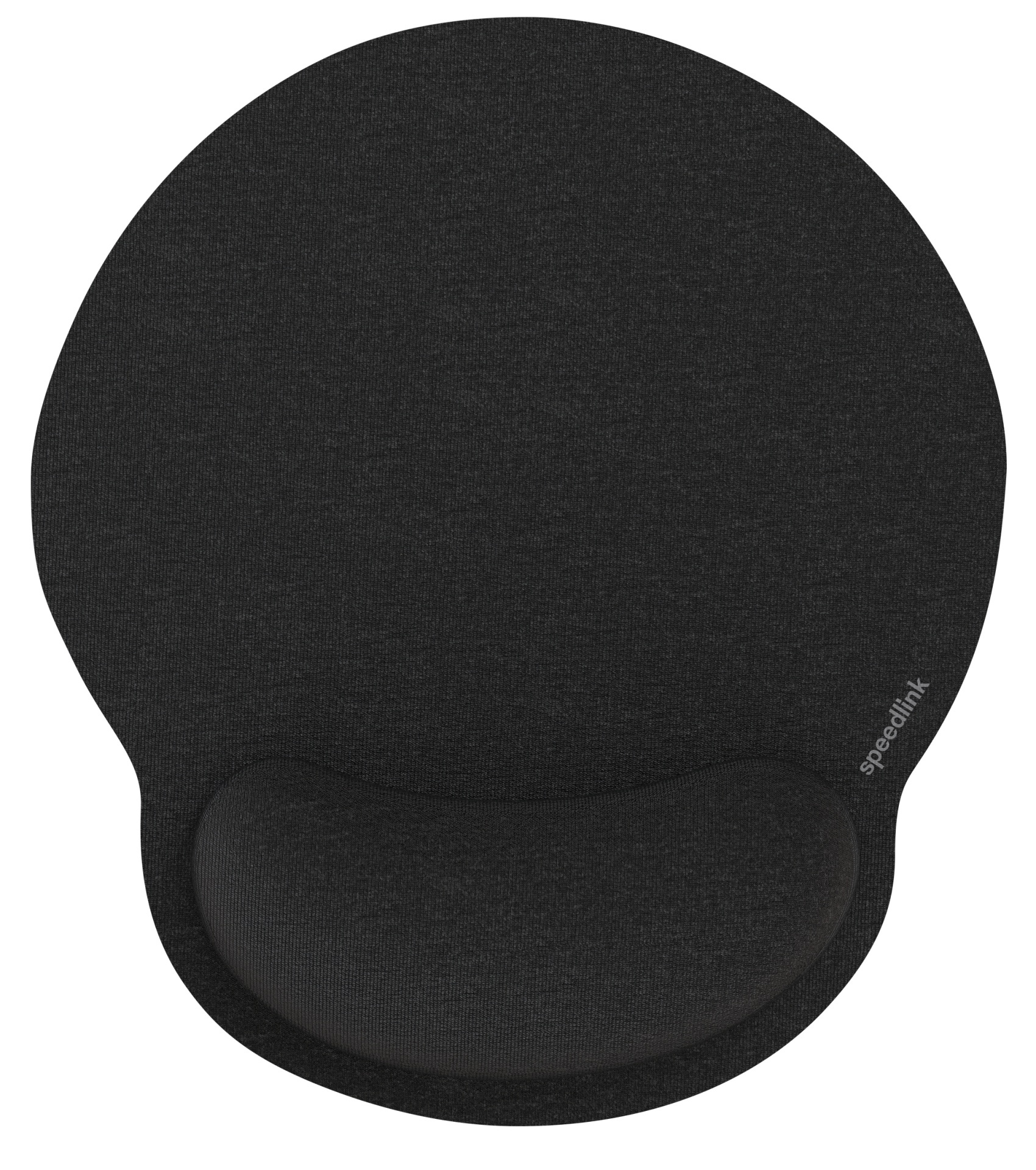 Een zwarte Speedlink muismat met polssteun. Het is rond, met een gebogen onderrand.