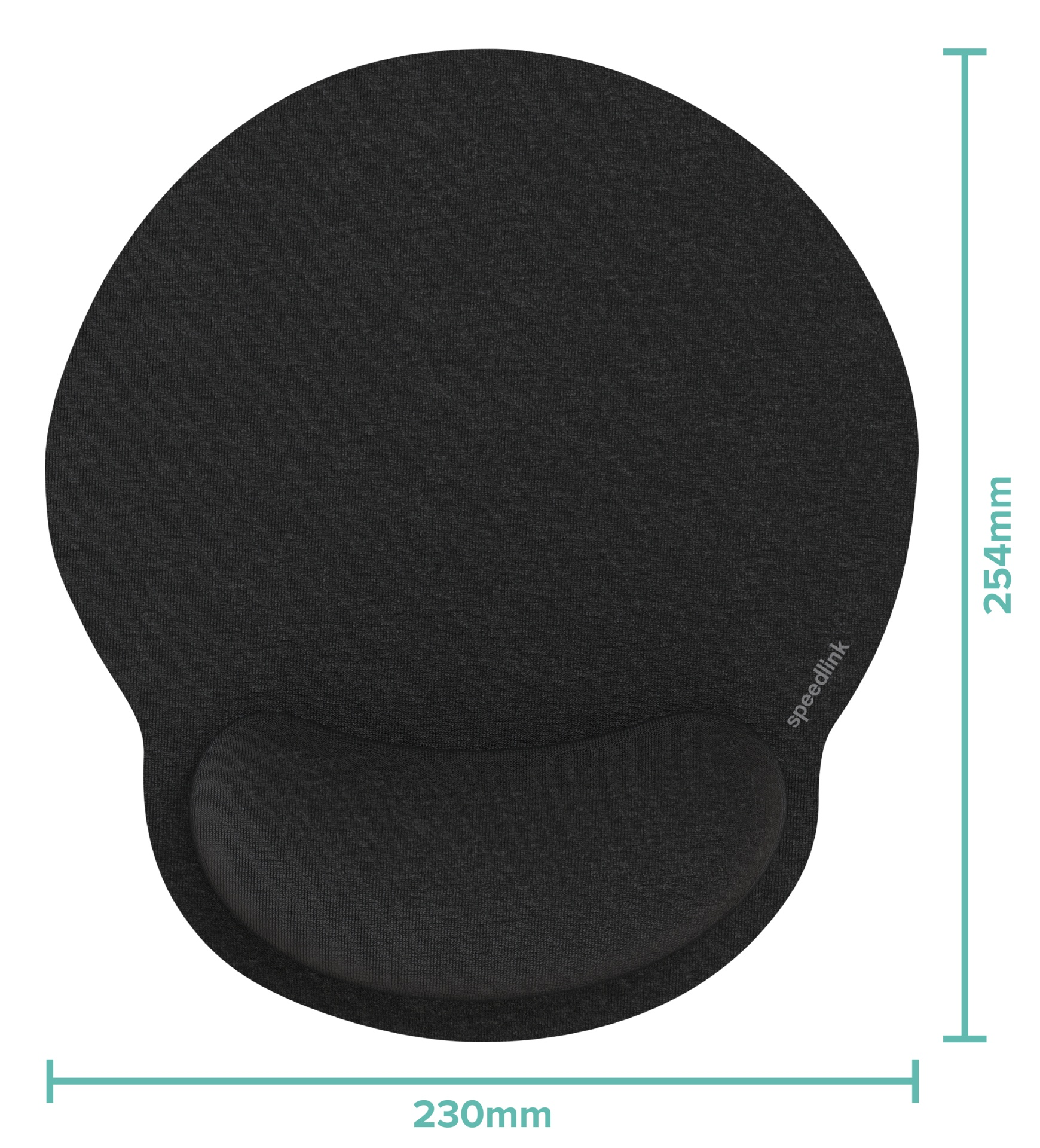 Zwart, rond Speedlink-muismat met polssteun. Afmetingen: 230 mm x 254 mm. Meetlijnen zijn zichtbaar.