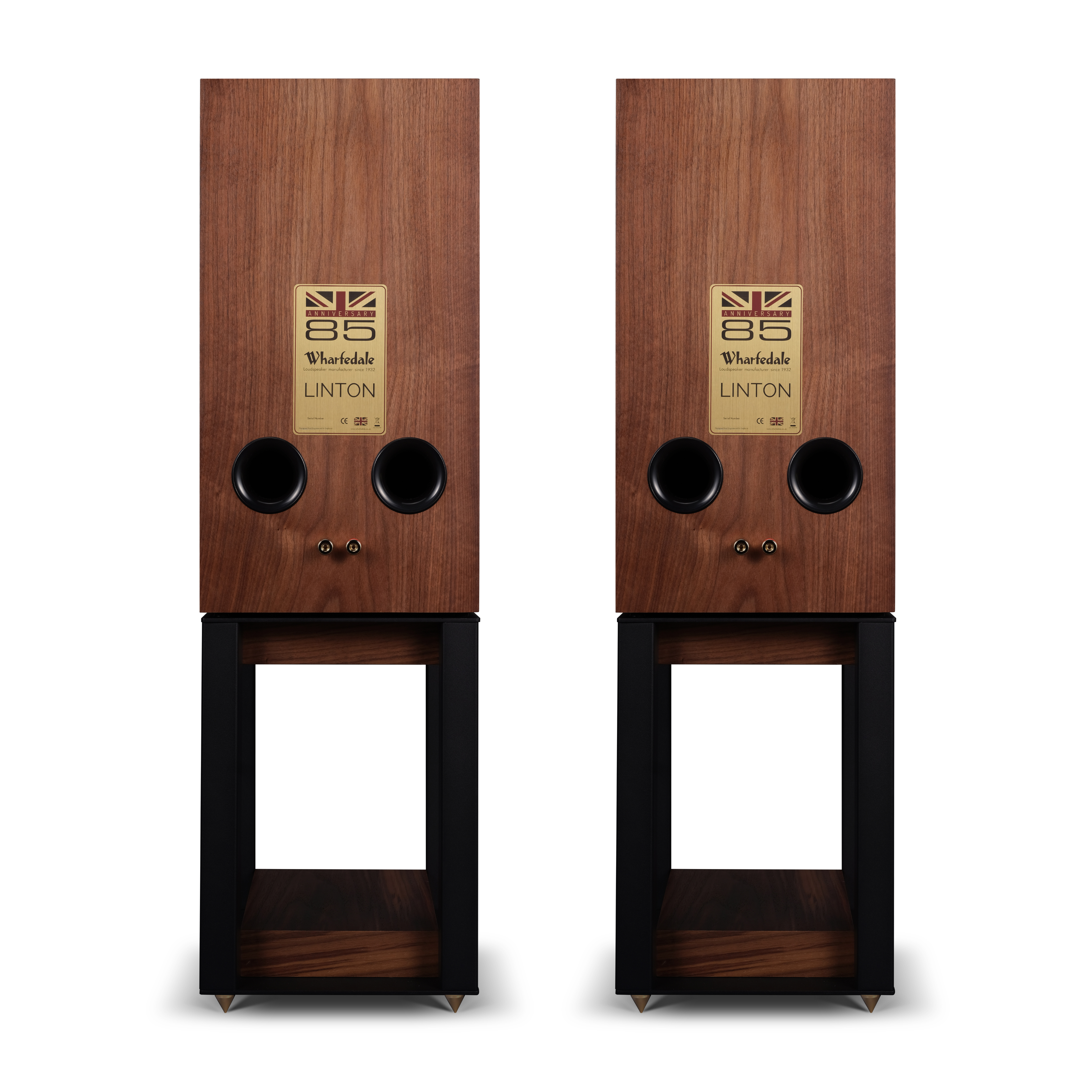 Two wooden speakers with black stands on a white background. Each speaker has a black circle and a gold label.