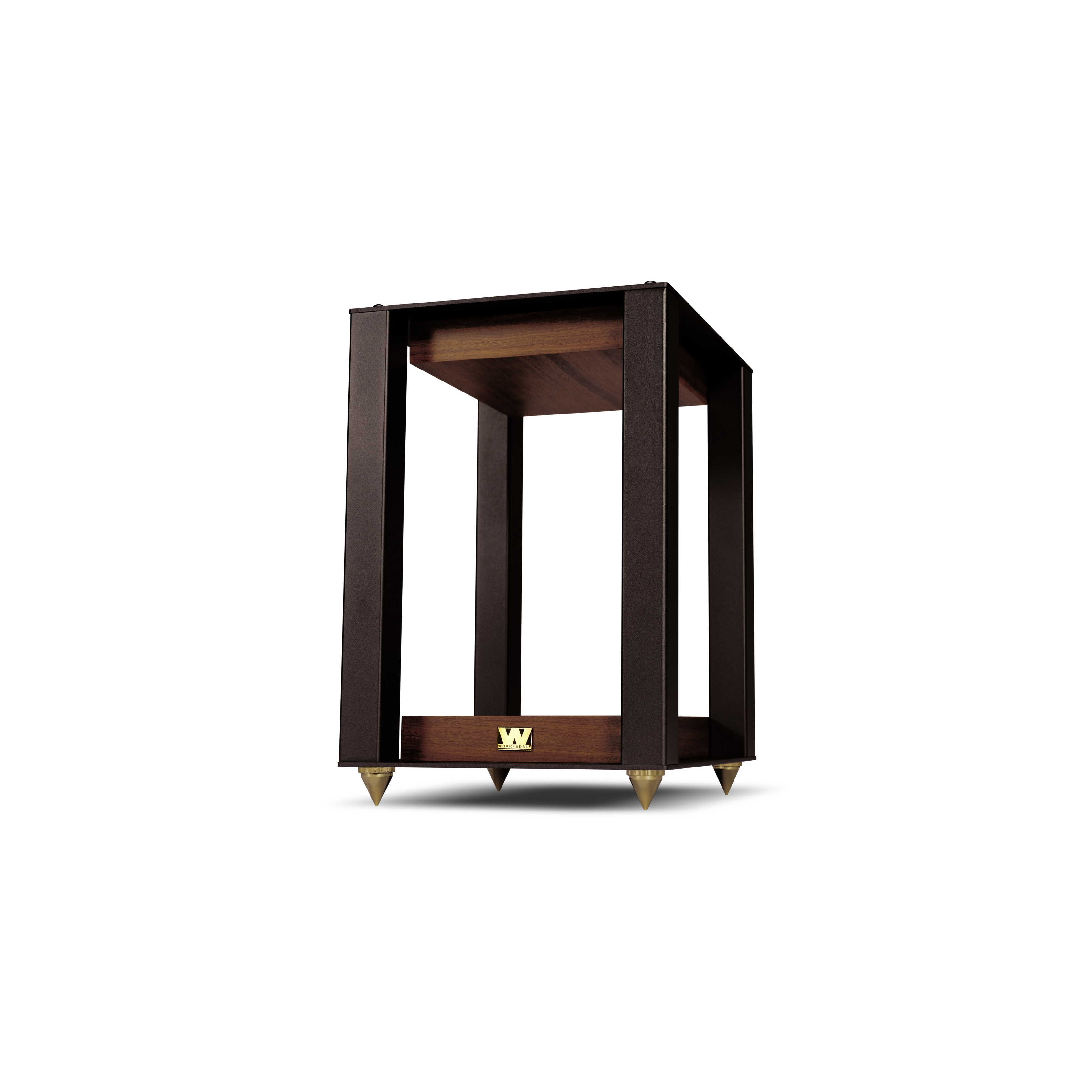 A brown speaker stand with gold tips on a white background. It has a wooden shelf and a metal frame.