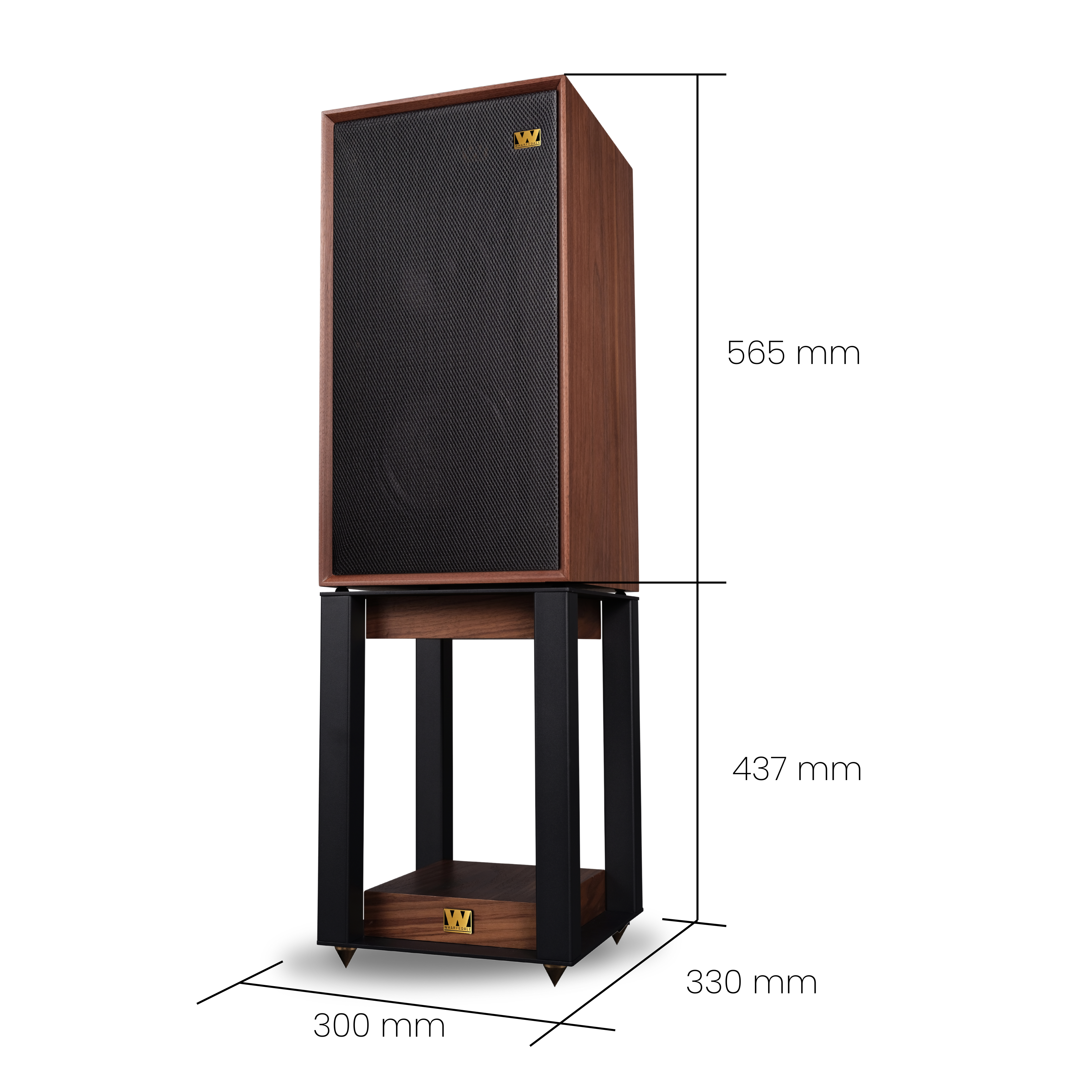 A Wharfedale speaker on a stand. Brown wood, black speaker mesh and black metal frame. Dimensions are displayed.