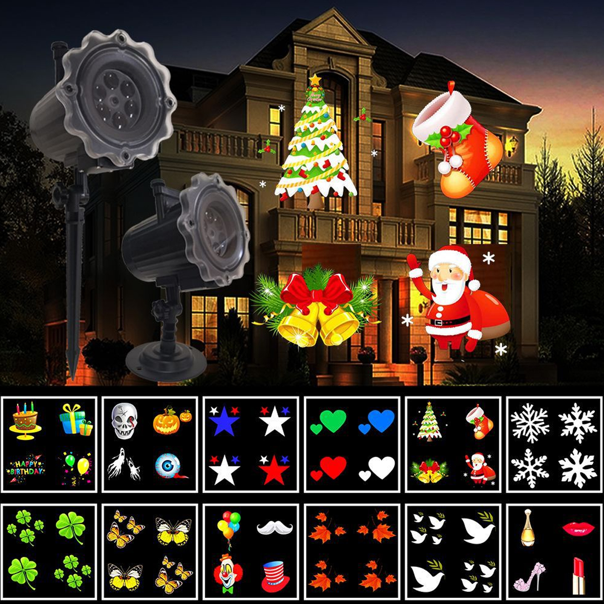 Weihnachtsprojektor mit verschiedenen Bildern, darunter Weihnachtsmann, Baum und Glocken, auf ein Haus projiziert. Andere Symbole sind Schmetterlinge und Kleeblätter.