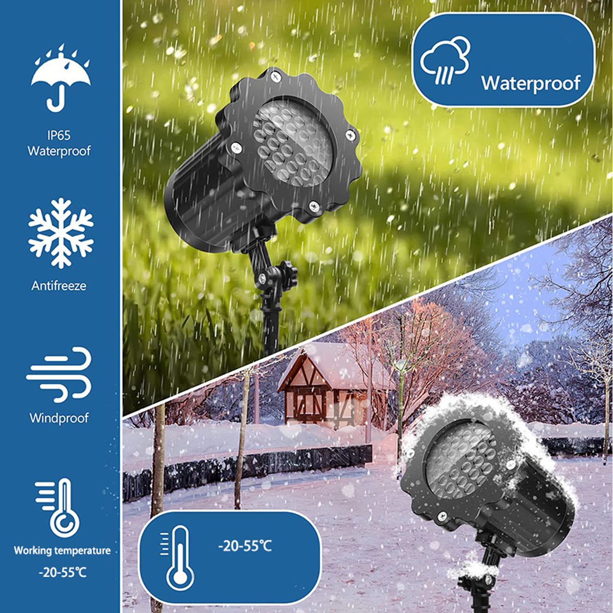 Ein schwarzer Projektor bei Regen und Schnee, mit Symbolen für wasserdicht, Frostschutz, winddicht und Temperaturbereich: -20-55°C.