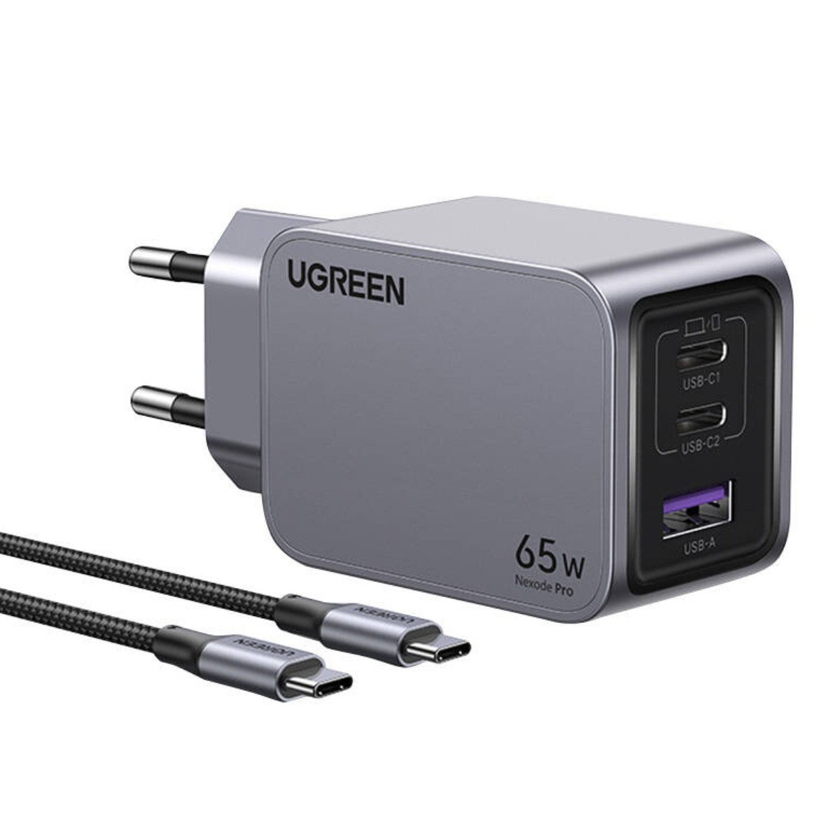 Szara ładowarka UGREEN 65W Nexode Pro z portami USB-C i USB-A oraz dwoma czarnymi kablami ładującymi.