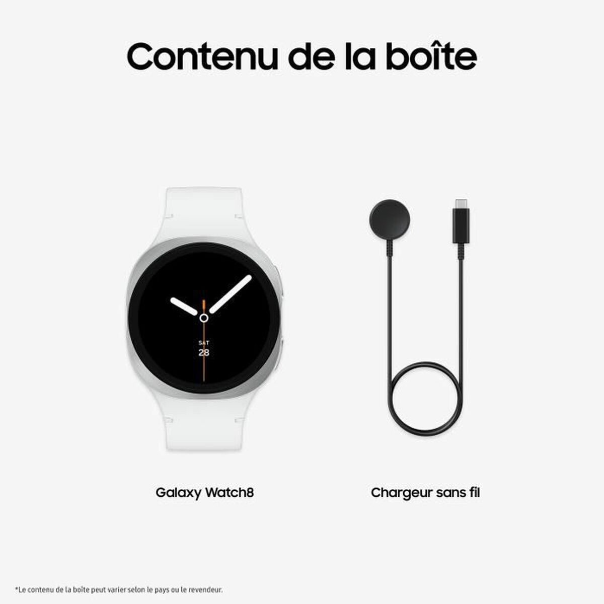 L'immagine mostra un Galaxy Watch8 bianco, un caricabatterie wireless e il testo 'Contenu de la boîte'.