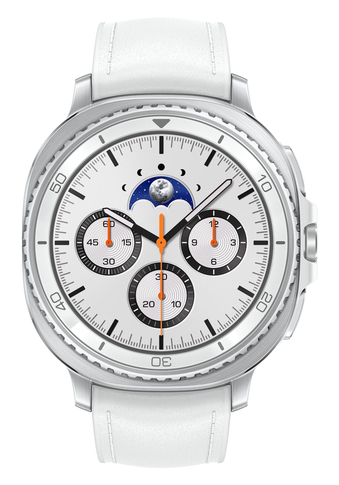 Eine weiße Armbanduhr mit silbernem Gehäuse und weißem Armband. Sie hat ein weißes Zifferblatt mit mehreren Hilfszifferblättern und orangefarbenen Zeigern.