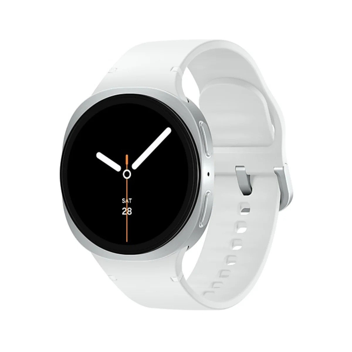 Biały smartwatch z czarnym ekranem pokazującym godzinę. Zegarek ma srebrną ramkę i biały pasek. Jest sobota, 28.