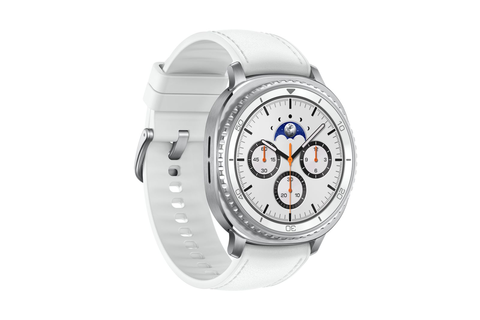 Weiße Smartwatch mit rundem Zifferblatt, silberner Lünette und weißem Armband. Das Zifferblatt zeigt Zahlen und Unterzifferblätter.