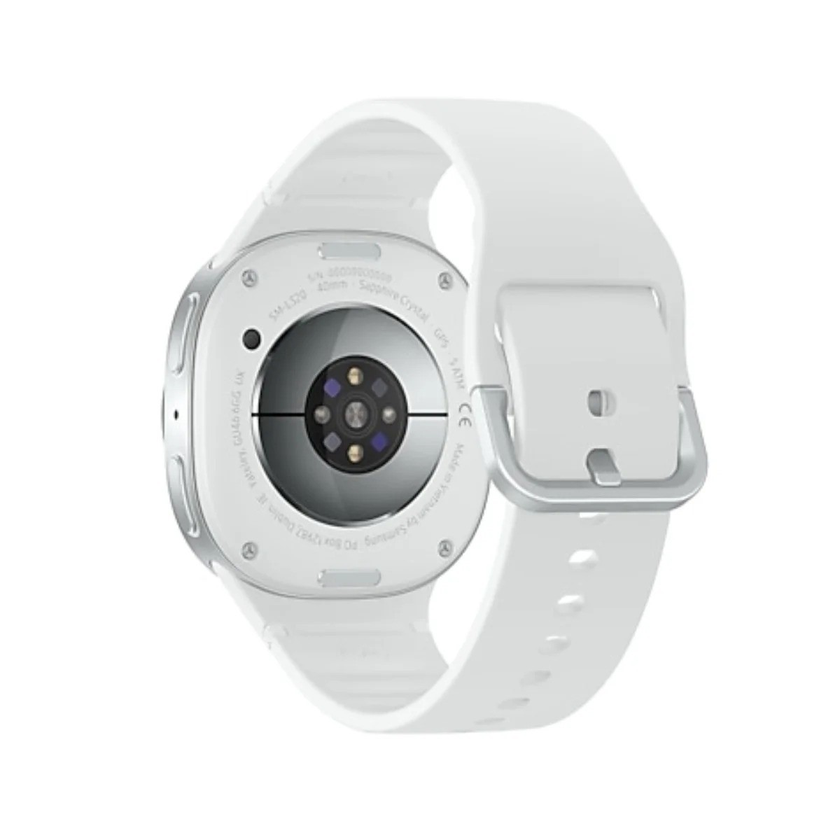 Biały smartwatch Samsung, pokazujący tył. Ma biały pasek, okrągły czujnik i tekst.