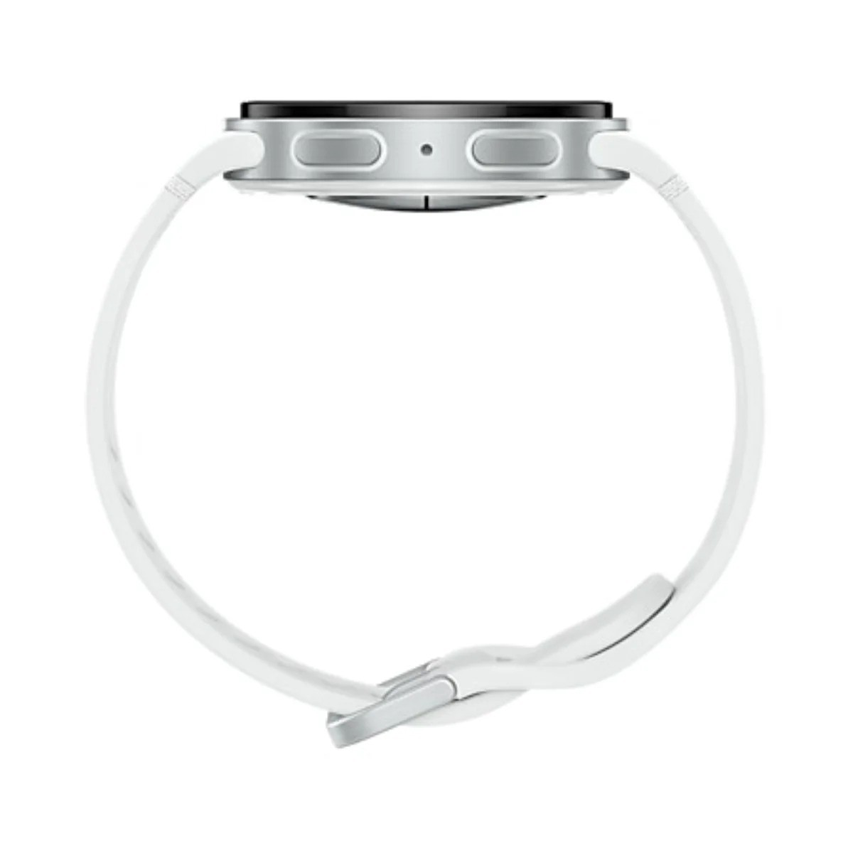 Biały smartwatch. Zegarek ma czarny ekran i srebrną obudowę z białym paskiem. Na białym tle.