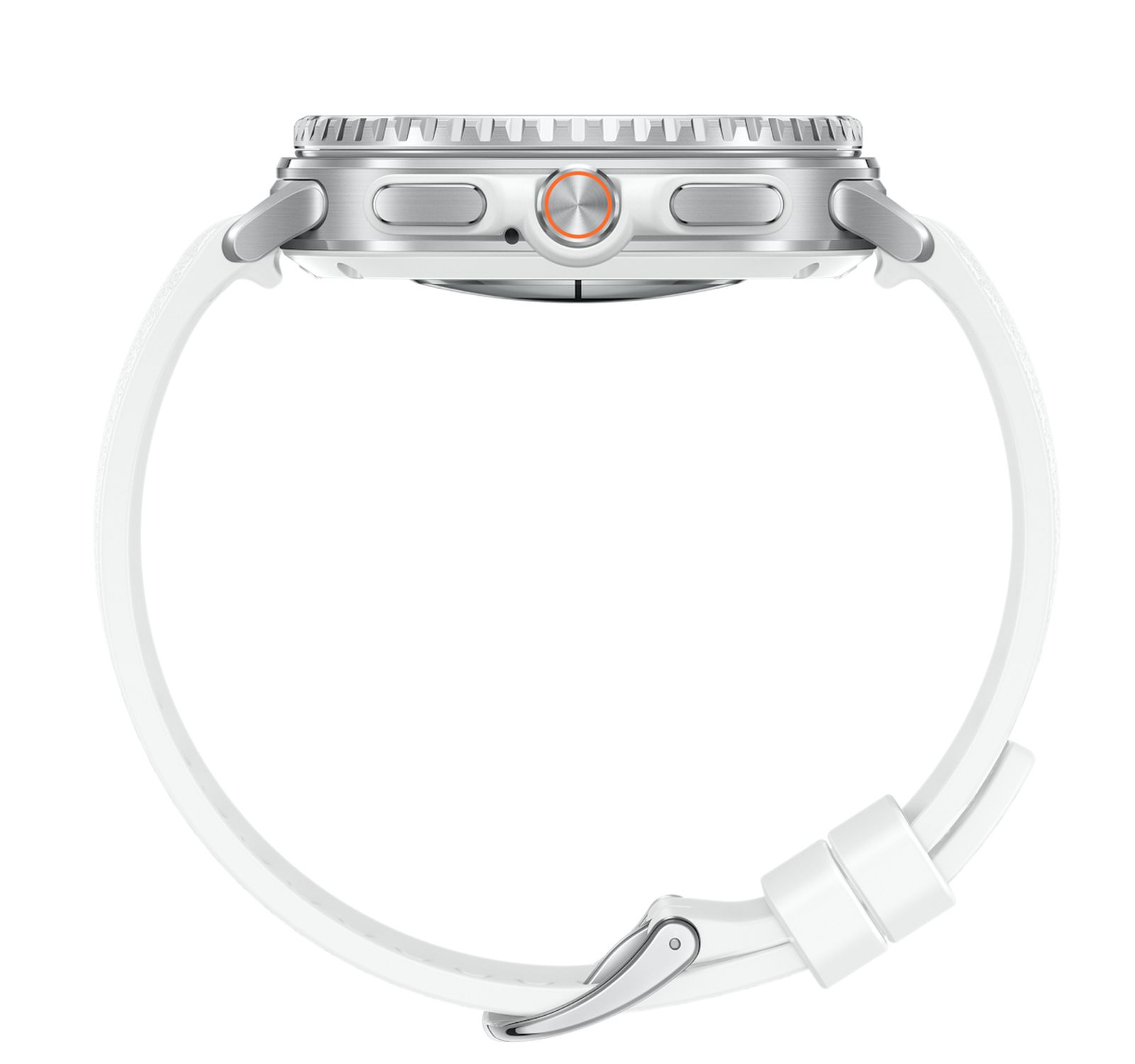 Vista laterale di uno smartwatch con cassa argentata e cinturino bianco. L'orologio ha due pulsanti, un pulsante arancione e un cinturino bianco.