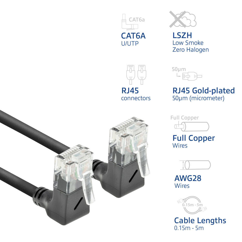 Twee RJ45-connectoren met zwarte kabel, doorzichtige plastic koppen. Tekst geeft CAT6A, LSZH, volledig koperen draden, AWG28 en kabellengtes aan.