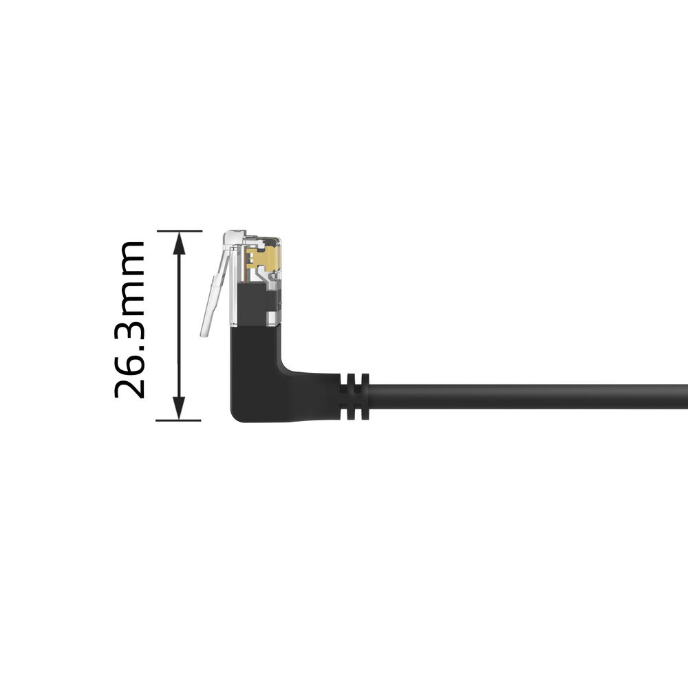 Een RJ45-connector, met een zwarte kabel. Op de connector staat een meting van 26,3 mm. De connector is zwart en het uiteinde is zilver.