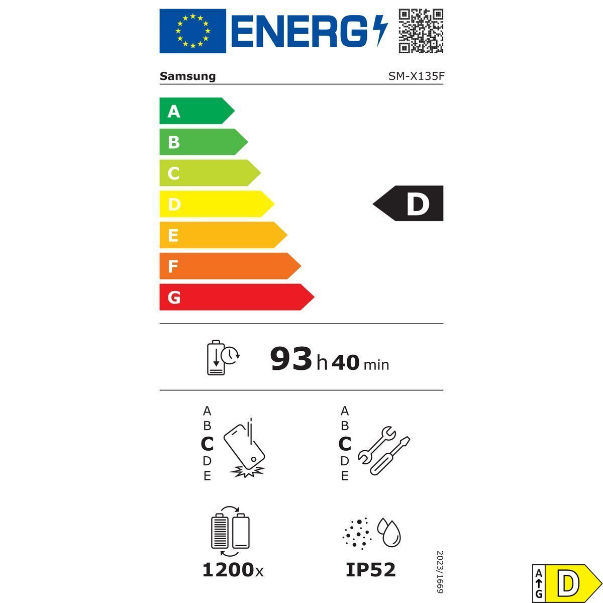 Energielabel für ein Samsung-Gerät. Es zeigt die Energieeffizienzklasse D, Akkulaufzeit 93h40min und weitere Spezifikationen.