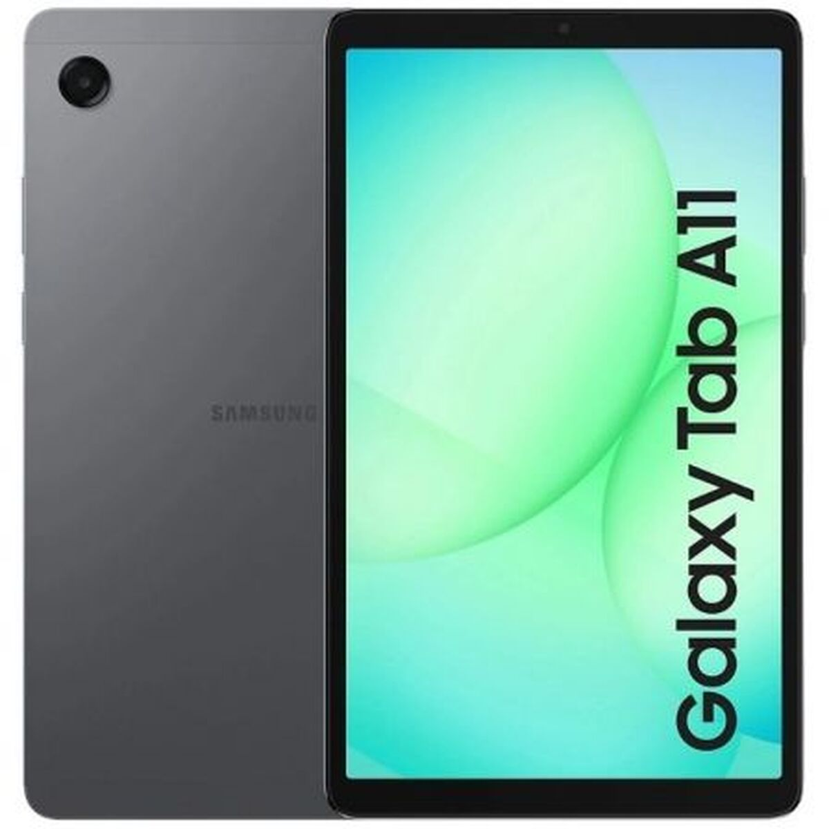 Ein graues Samsung Galaxy Tab A7 Tablet. Der Bildschirm zeigt einen grünen und blauen Farbverlauf mit dem Text 'Galaxy Tab A11'.