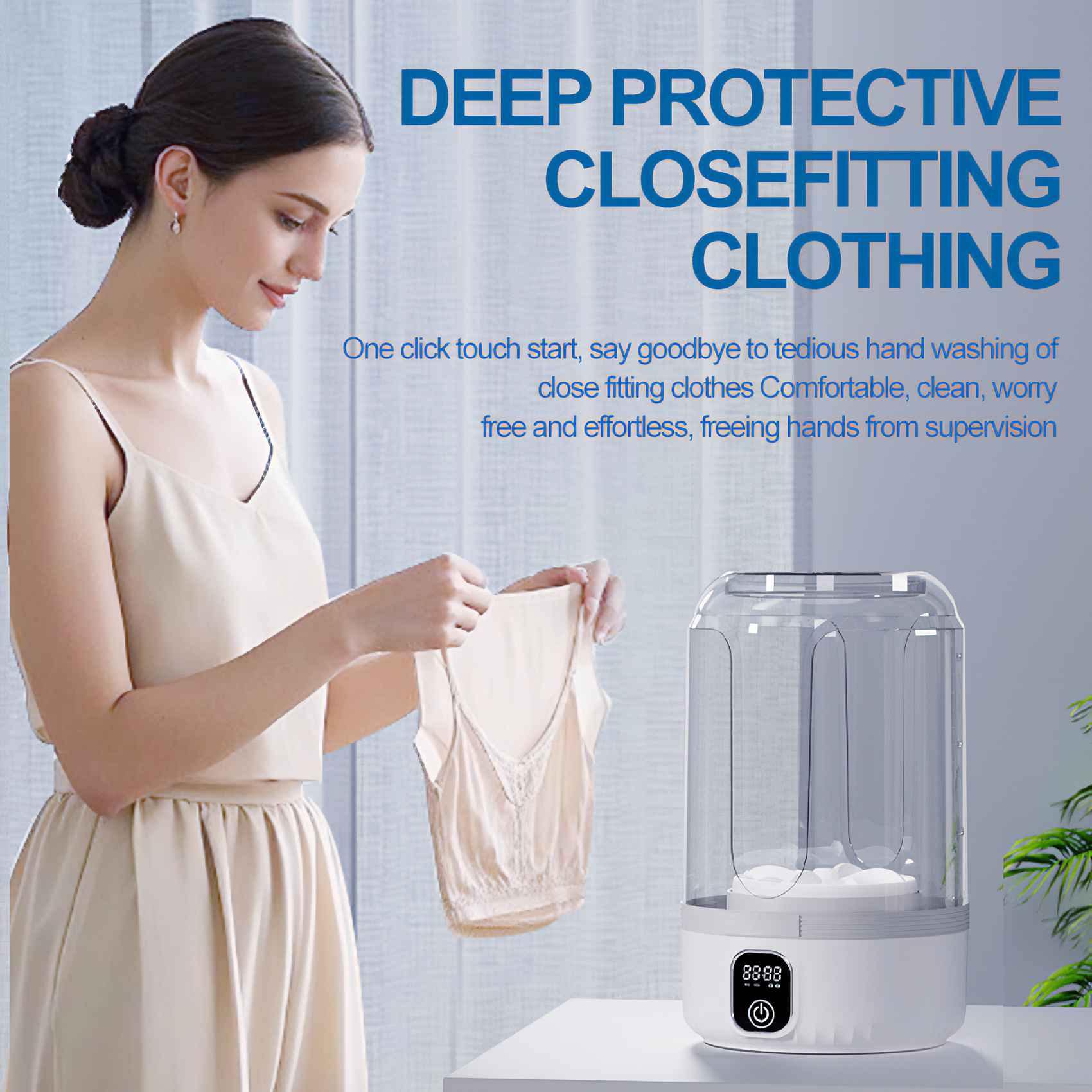 Eine Frau hält ein beiges Oberteil in der Nähe eines weißen Wäschetrockners. Text lautet: 'DEEP PROTECTIVE CLOSEFITTING CLOTHING'.