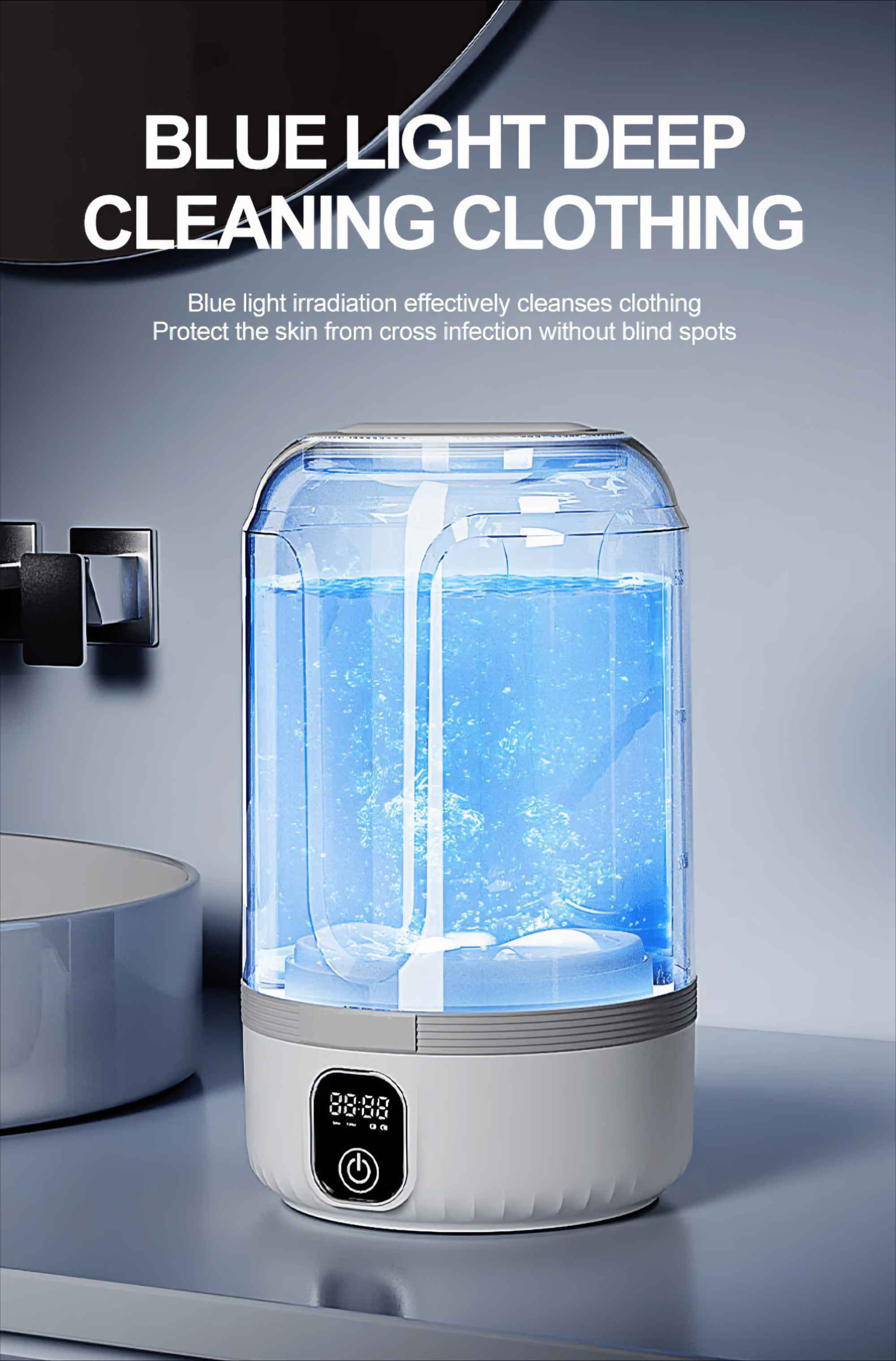 Ein weißes und graues Reinigungsgerät mit blauer Flüssigkeit. Ein Digitaldisplay zeigt die Zeit an. Text: BLUE LIGHT DEEP CLEANING CLOTHING.