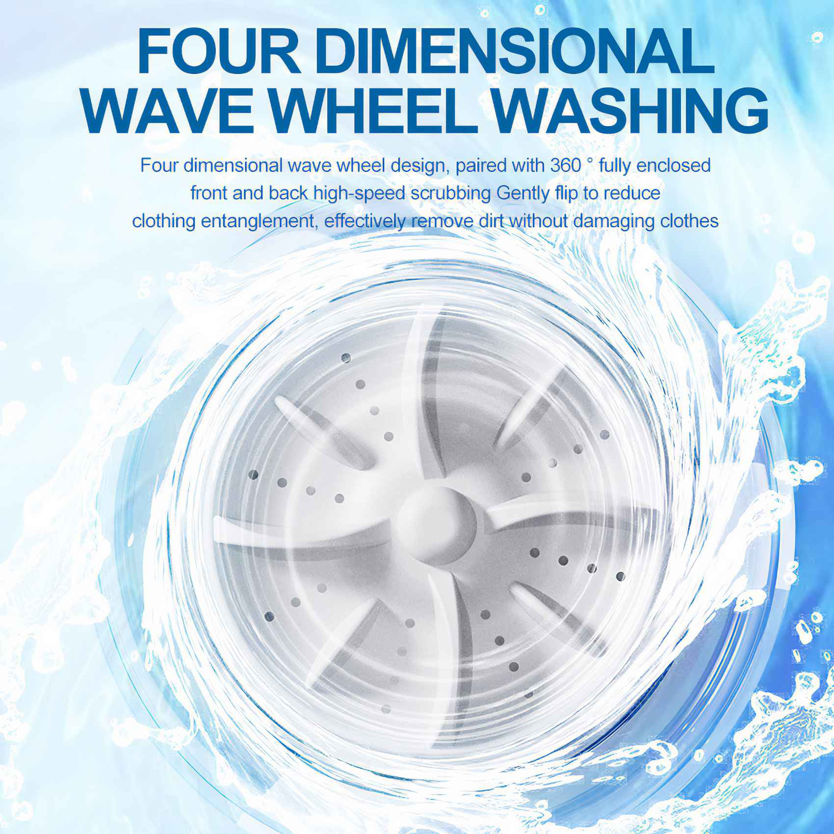 Das Bild zeigt das Impeller-Design einer Waschmaschine mit Wasser. Der Text lautet 'Four Dimensional Wave Wheel Washing'.
