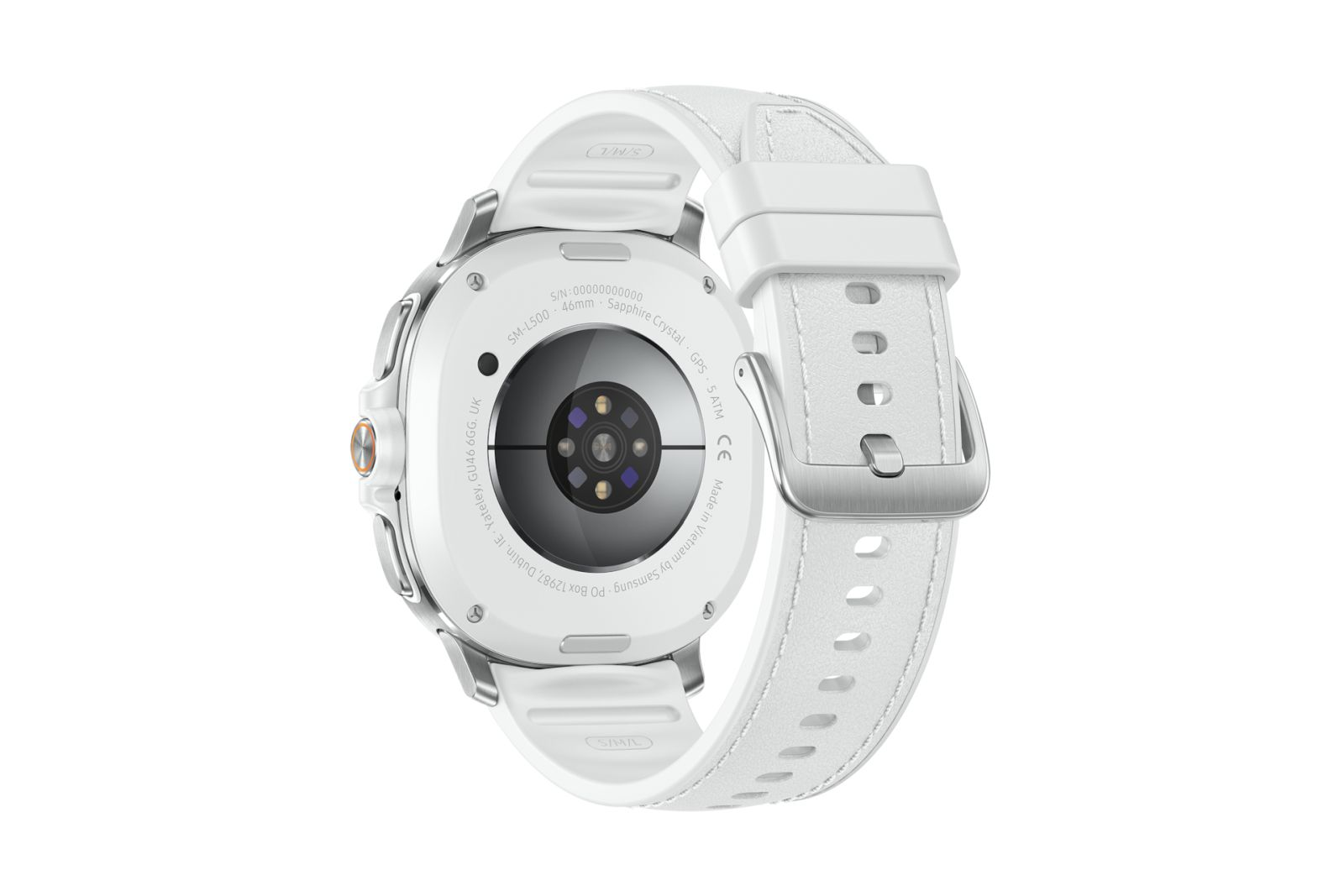 Uno smartwatch bianco con cinturino bianco, dettagli SM-L500, vetro zaffiro, GPS e 5 ATM. Fabbricato in Vietnam.