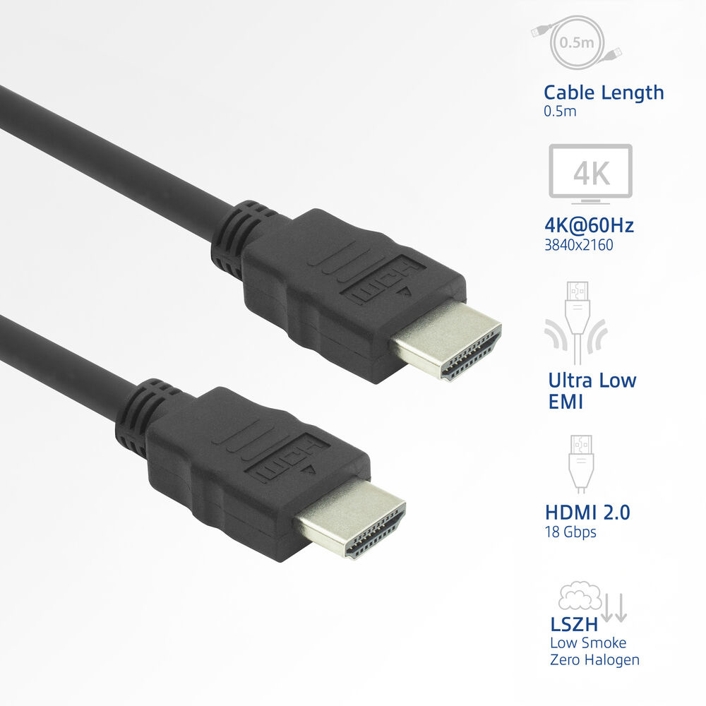 Zwarte HDMI-kabel met zilveren connectoren. Kenmerken zijn 4K, 60Hz en lage EMI. De kabellengte is 0,5 m.