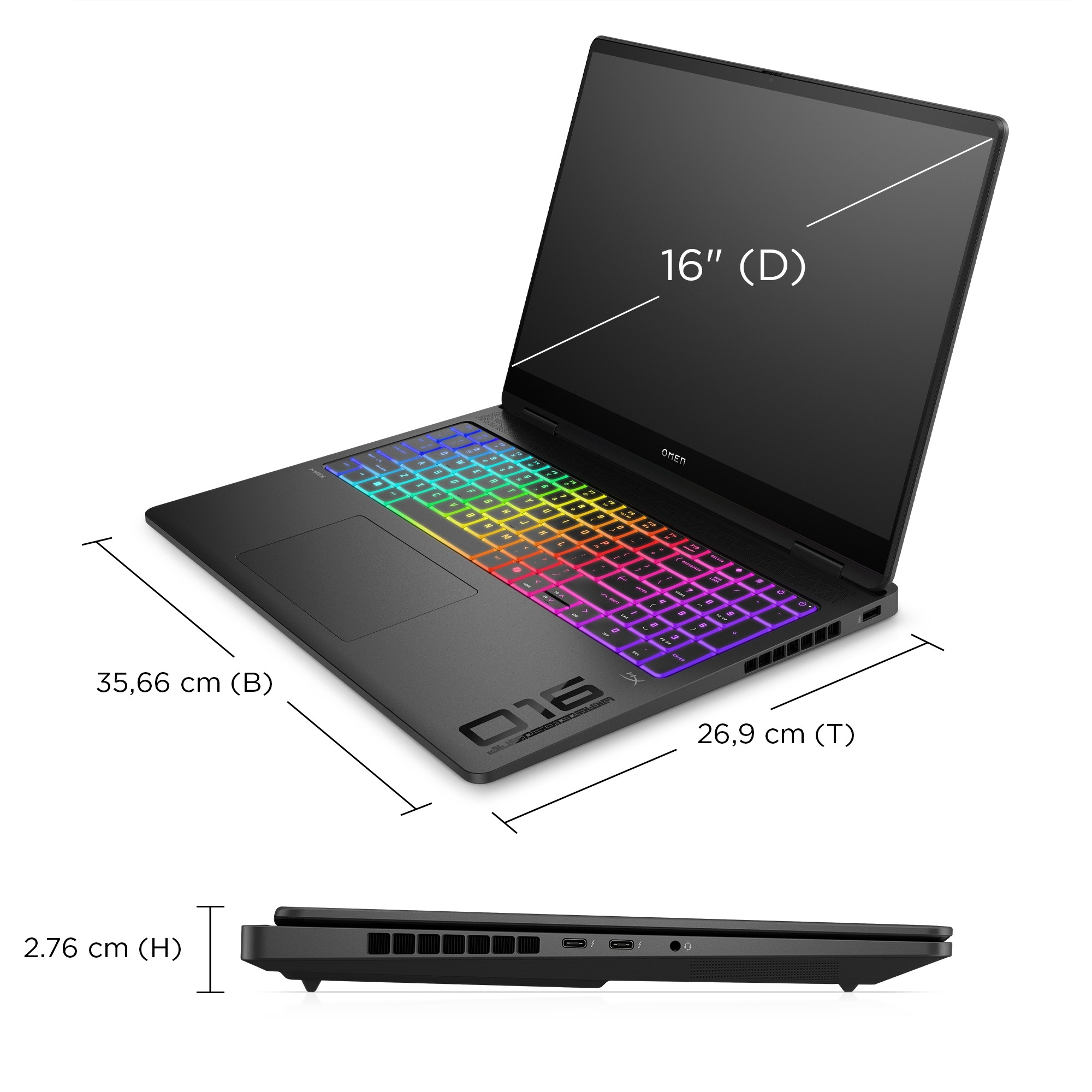 Ein schwarzer Laptop mit farbiger Hintergrundbeleuchtung der Tastatur. Abmessungen sind sichtbar. Omen-Logo ist sichtbar.