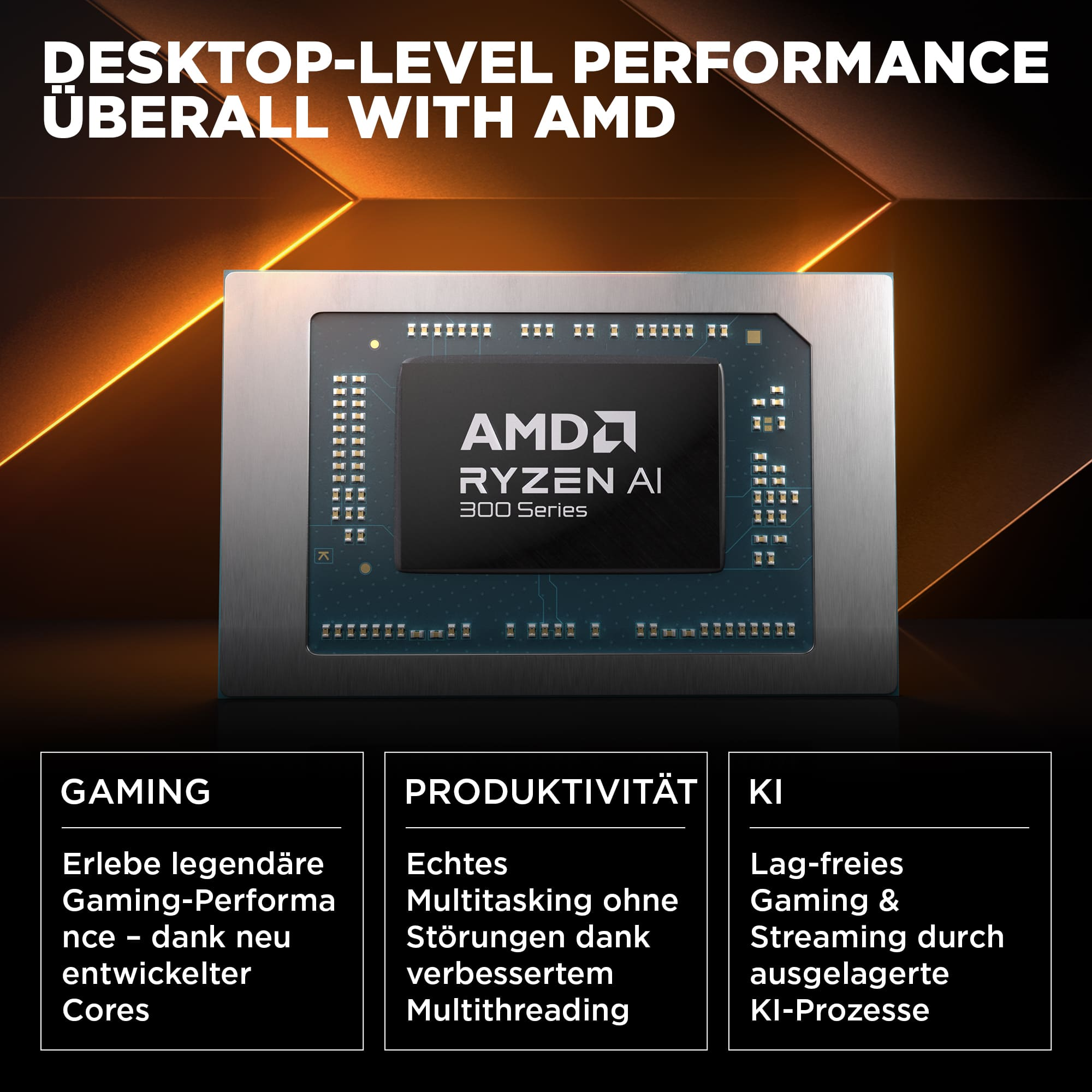 AMD Ryzen AI 300 Serie Prozessor. Text hebt Gaming, Produktivität und KI-Funktionen hervor. Dunkler Hintergrund mit leuchtenden Linien.