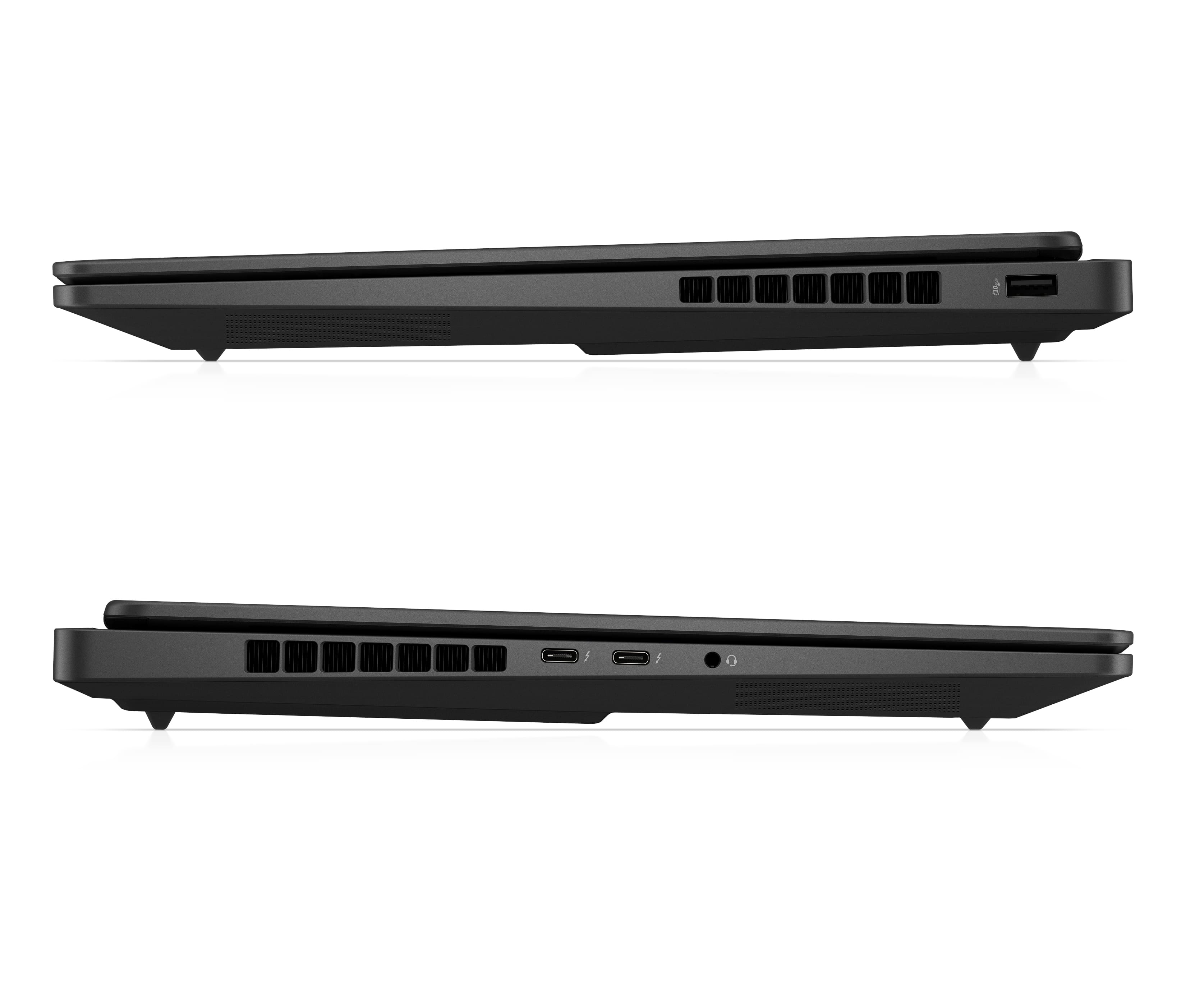 Seitenansicht eines schwarzen Laptops. Es hat Lüftungsschlitze, Anschlüsse und einen USB-Anschluss. Der Hintergrund ist weiß.