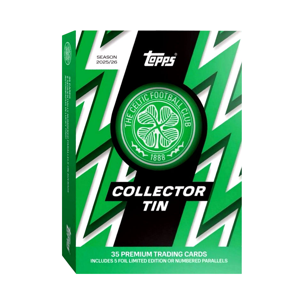 Eine Topps-Sammelbox mit dem Logo des Celtic Football Club. Sie hat grüne und weiße Muster und den Text '35 Premium Trading Cards'.