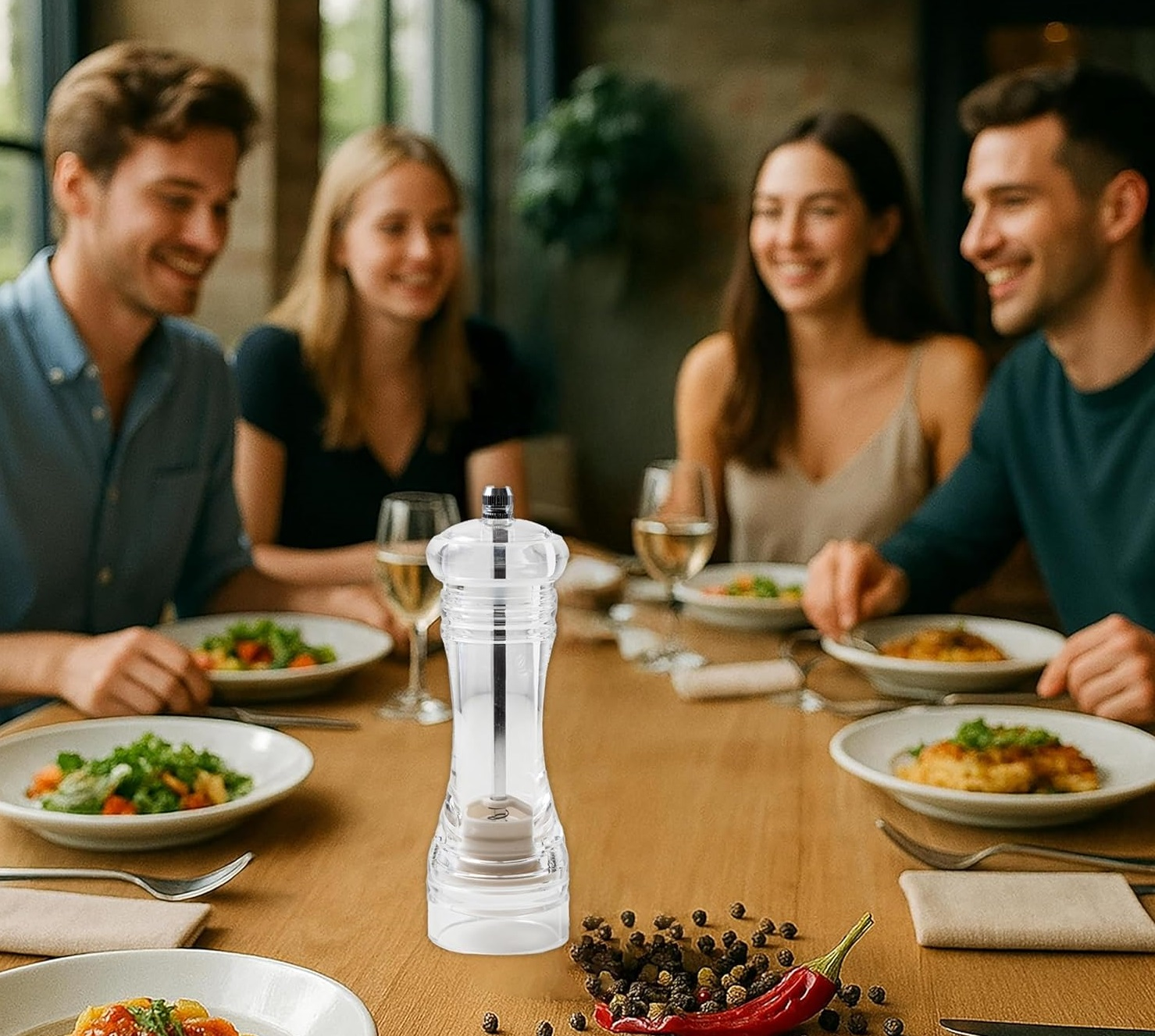 Vier Personen an einem Tisch. Ein klarer Pfeffermühle steht in der Mitte. Teller mit Essen und Weingläser sind vorhanden.