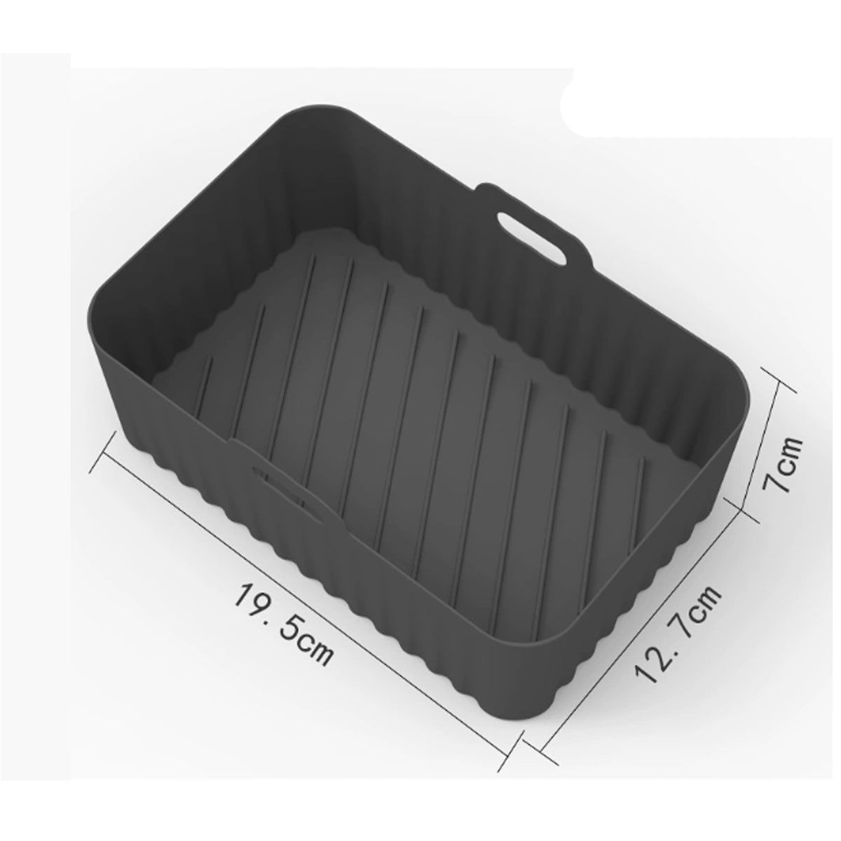 Ein dunkelgrauer rechteckiger Airfryer-Korb mit den Maßen 19,5 cm x 12,7 cm x 7 cm. Er hat Griffe und eine gerippte Innenseite.