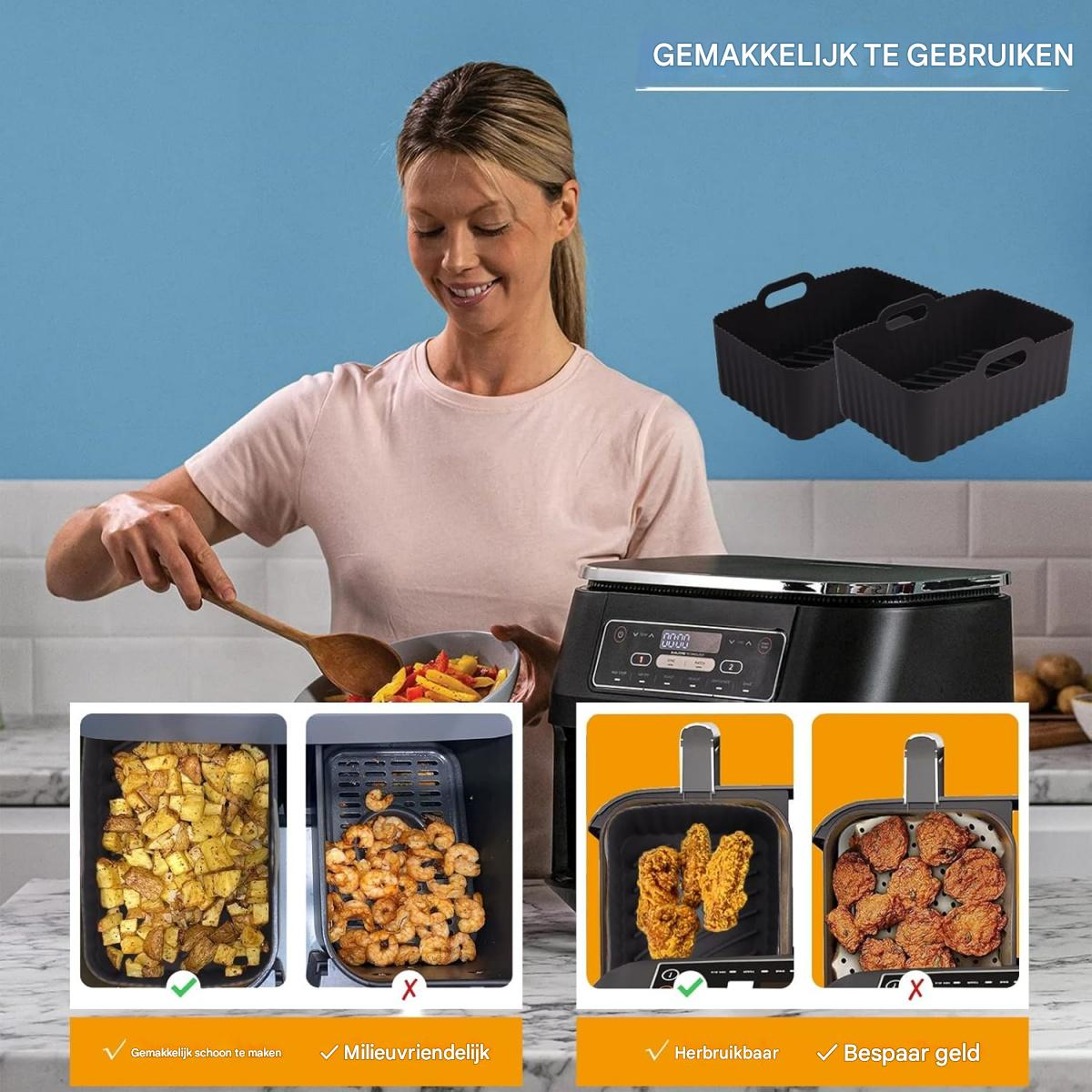 Frau mit Essen, Heißluftfritteuse und Essensbeispielen. Text weist auf einfache Bedienung, Umweltfreundlichkeit und Wiederverwendbarkeit hin.