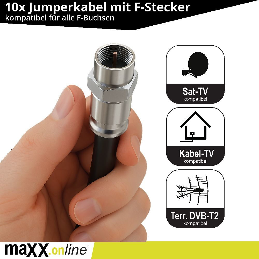 Eine Hand hält ein silbernes und schwarzes Kabel mit einem Stecker. Symbole für Sat-TV, Kabel-TV und Terr. DVB-T2-Kompatibilität werden gezeigt.