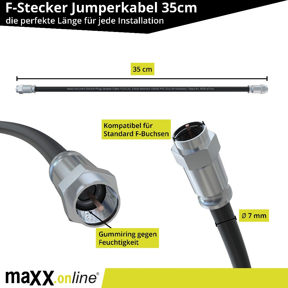 Nahaufnahme eines 35 cm F-Stecker-Jumperkabels. Das Kabel ist schwarz mit silbernen Steckern. Textkennzeichnungen weisen auf Merkmale und Spezifikationen hin.