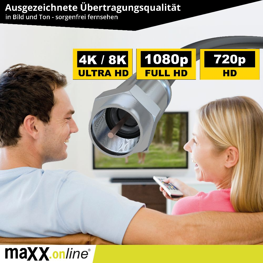 Ein Paar sieht fern, hält eine Fernbedienung. Grafiken zeigen 4K/8K, 1080p und 720p. Koaxialkabel-Stecker im Fokus.