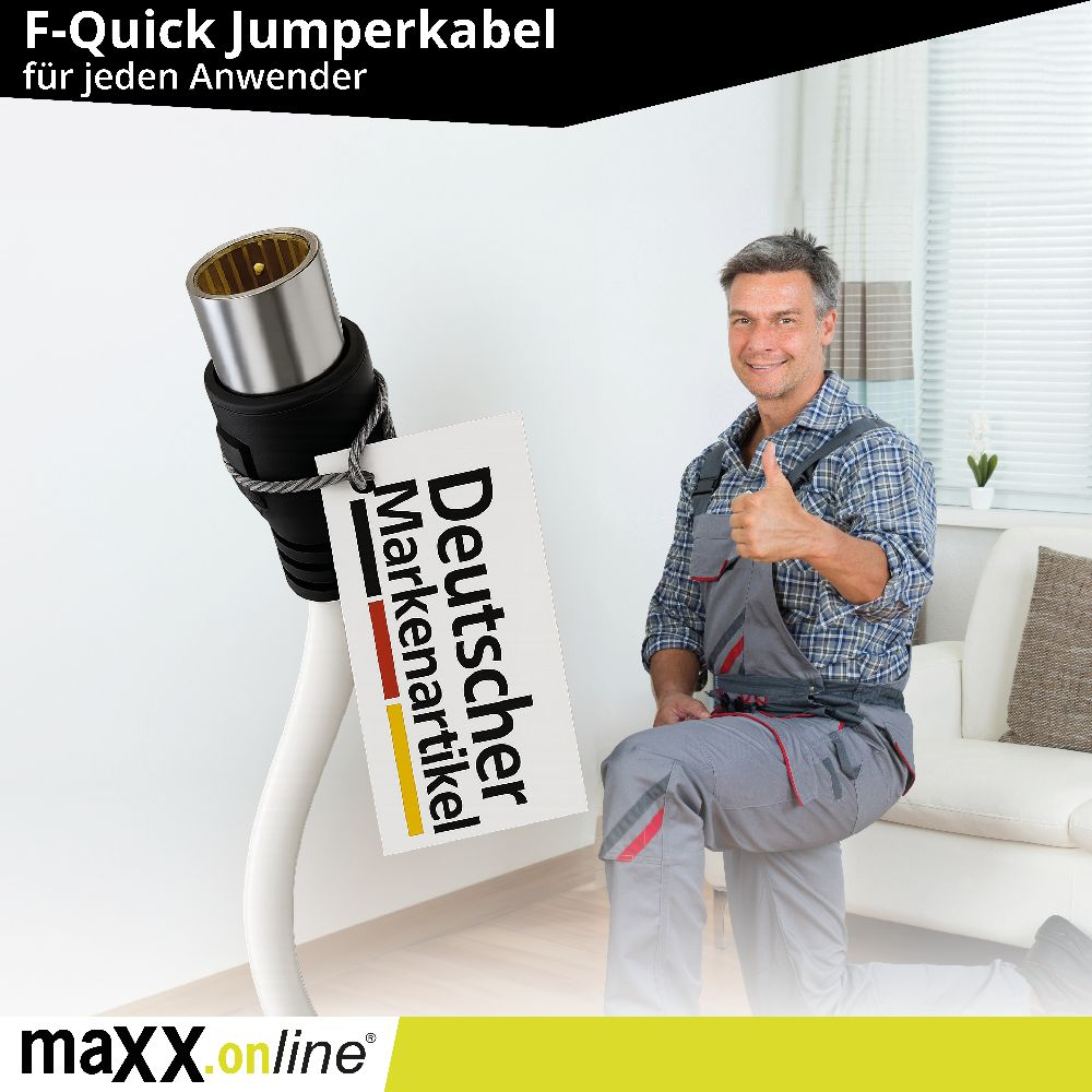 Mann in Arbeitskleidung gibt Daumen hoch. Kabel mit Etikett 'Deutscher Markenartikel'. Schwarzer und silberner Kabelstecker.