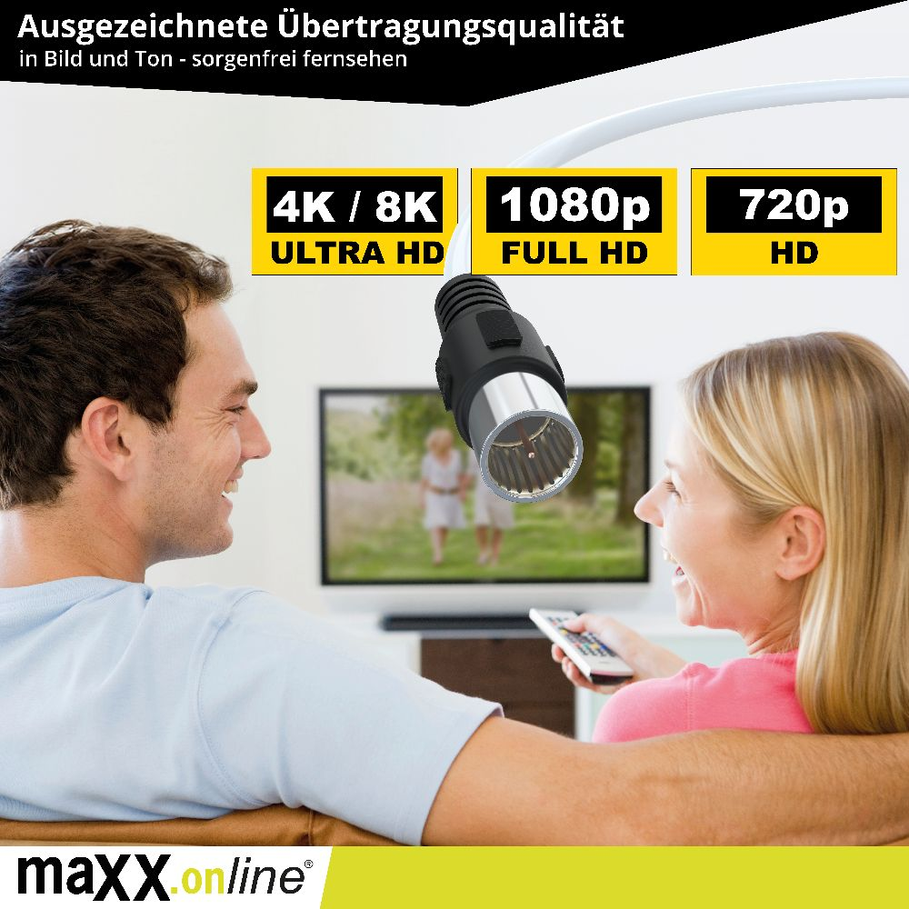 Ein Paar sieht fern, ein Kabel ist angeschlossen. Der Fernseher zeigt 4K/8K, 1080p und 720p HD an. Die Marke maxx.online steht unten.