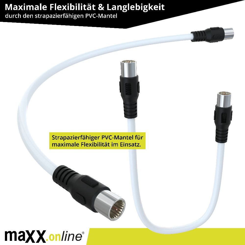 Weißes Kabel mit drei schwarzen Steckern. Text auf Deutsch: Maximale Flexibilität und Langlebigkeit mit strapazierfähigem PVC-Mantel.