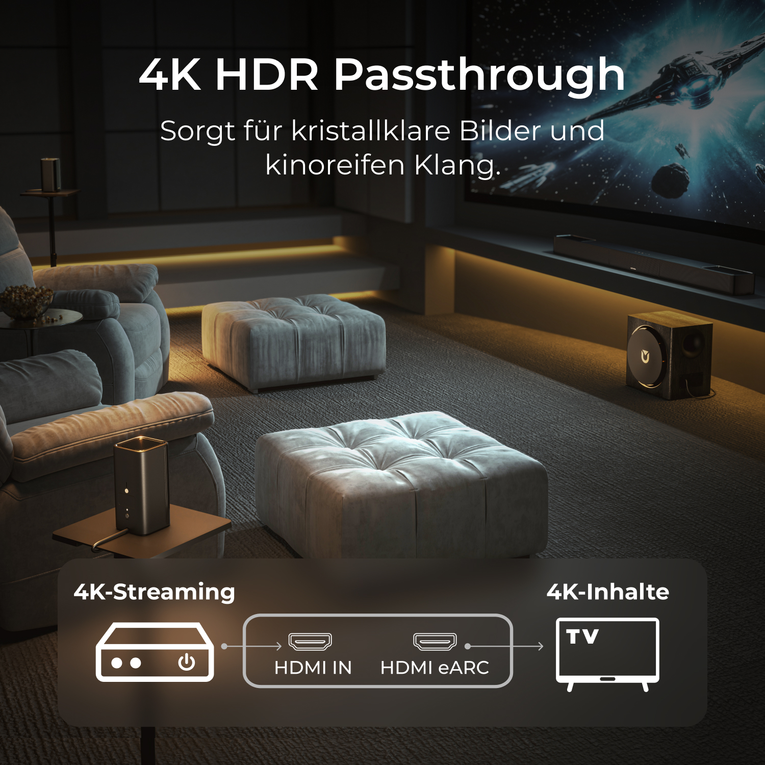Ein modernes Heimkino-Setup mit einem Bildschirm, der ein Raumschiff zeigt, Soundsystem, bequemen Stühlen und einem Diagramm.