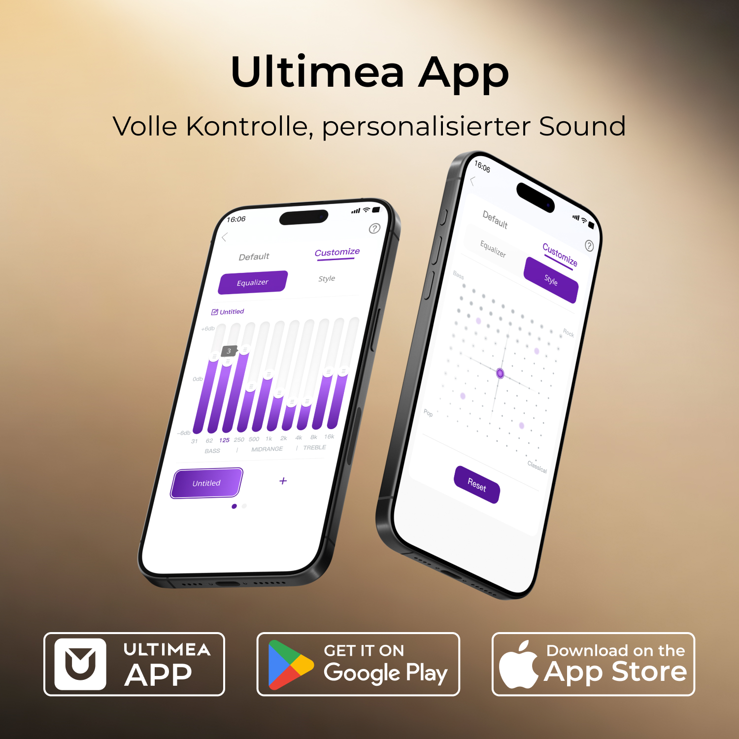 Dwa smartfony wyświetlające interfejs aplikacji Ultimea. Jeden pokazuje korektor, drugi wybór stylu. Przyciski pobierania.