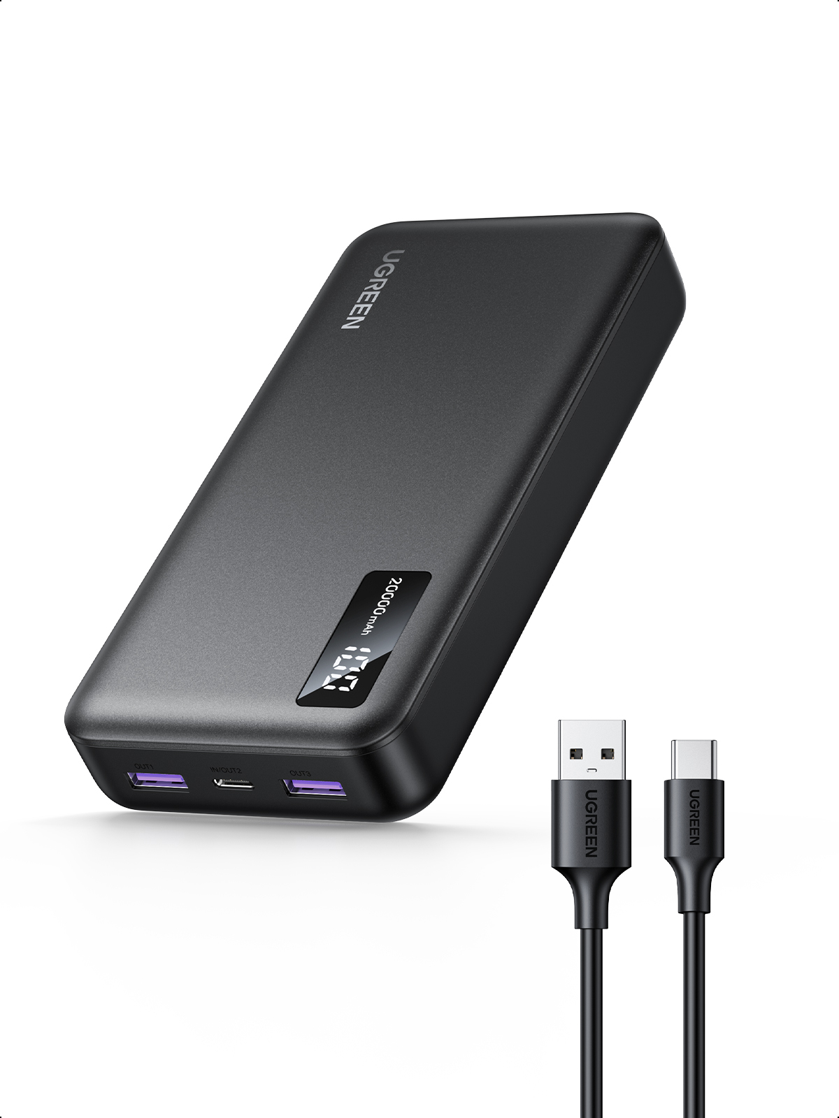Czarny power bank UGREEN z cyfrowym wyświetlaczem, obok kabla USB i USB-C. Białe tło.