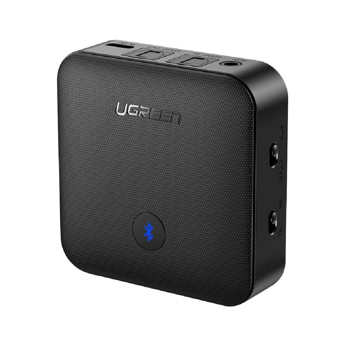 Czarny odbiornik Bluetooth UGREEN. Ma porty oznaczone AUX, SPDIF, RX i TX. Z przodu znajduje się symbol Bluetooth.