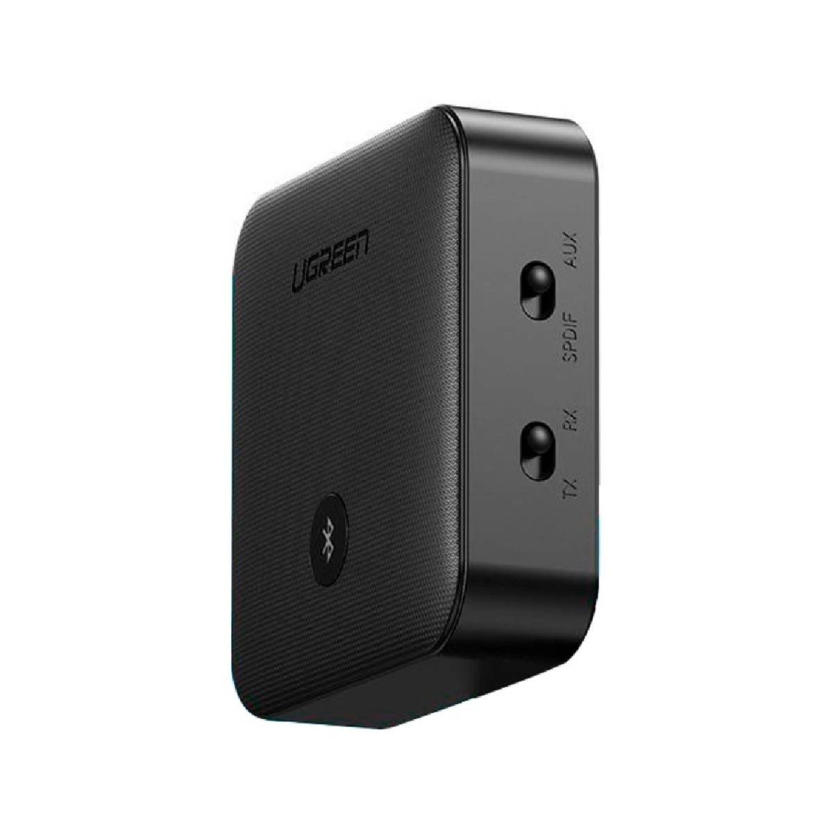 Czarny odbiornik Bluetooth UGREEN. Posiada przyciski i porty takie jak AUX, SPDIF, RX i TX. Widoczny jest symbol Bluetooth.