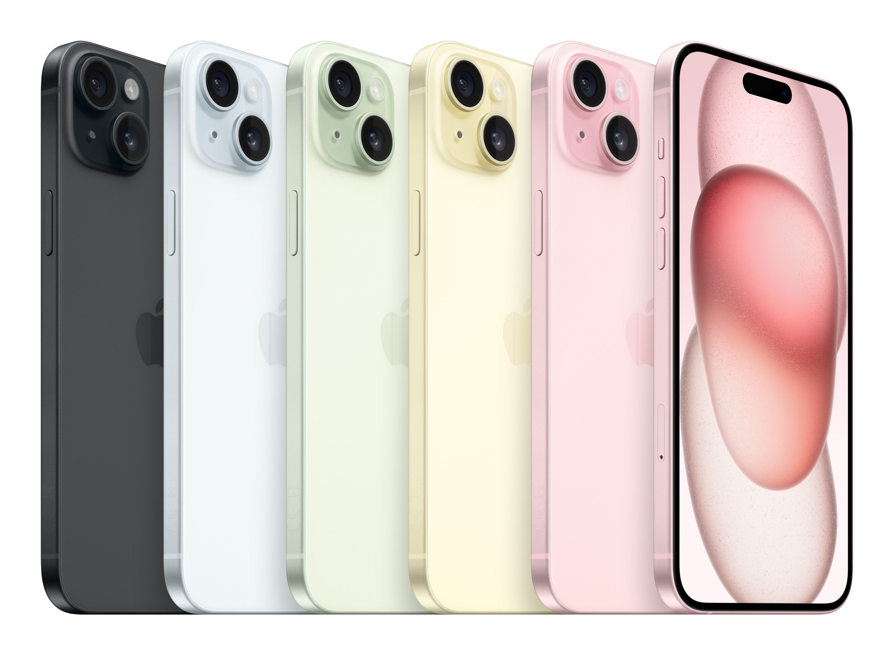 Wyświetlanych jest sześć smartfonów w różnych kolorach. Każdy ma wypukłość aparatu. Jeden ma wyświetlacz z różowym gradientem.