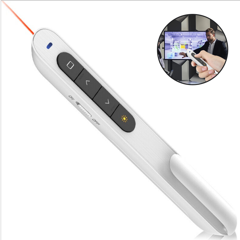 Eine weiße Präsentationsfernbedienung mit Tasten und einem Laserpointer. Ein kleines Inset zeigt einen Mann, der sie bei einer Präsentation benutzt.